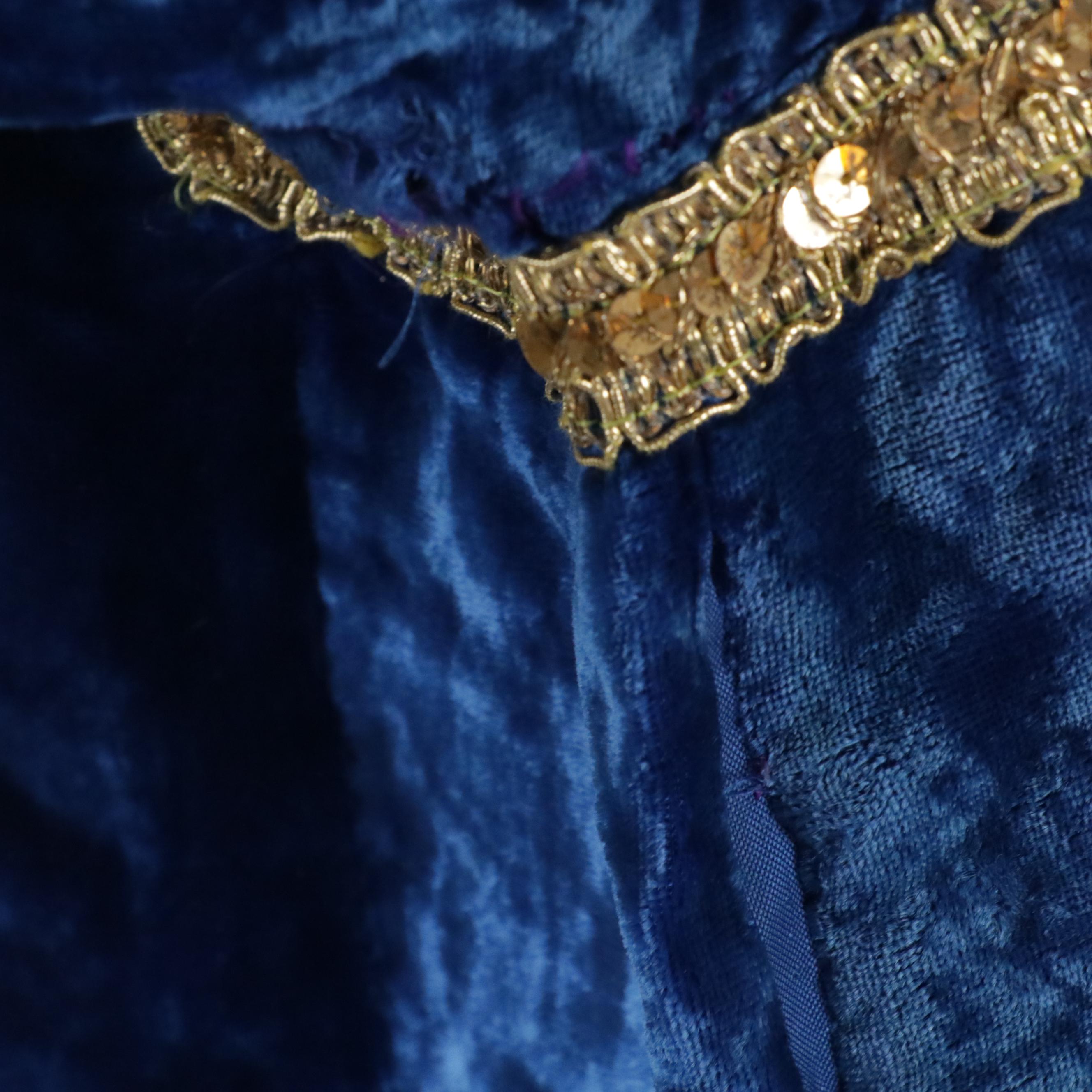 Moroccan Style Embroidered Blue Velvet Caftan and Fringed Embroidered Jacket
