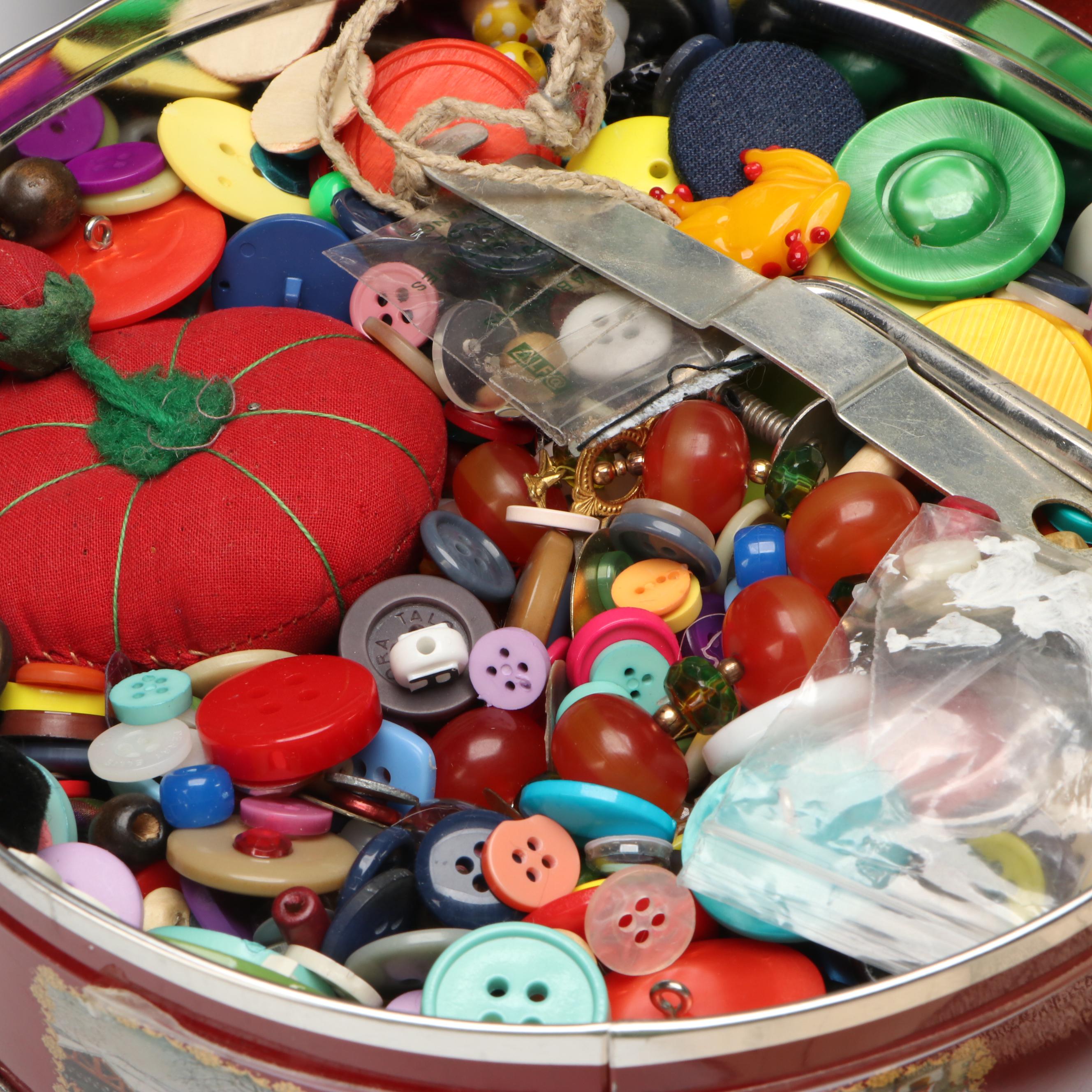 Vulcan Battery Powered Sewing Machine with Tin of Buttons and Pincushion
