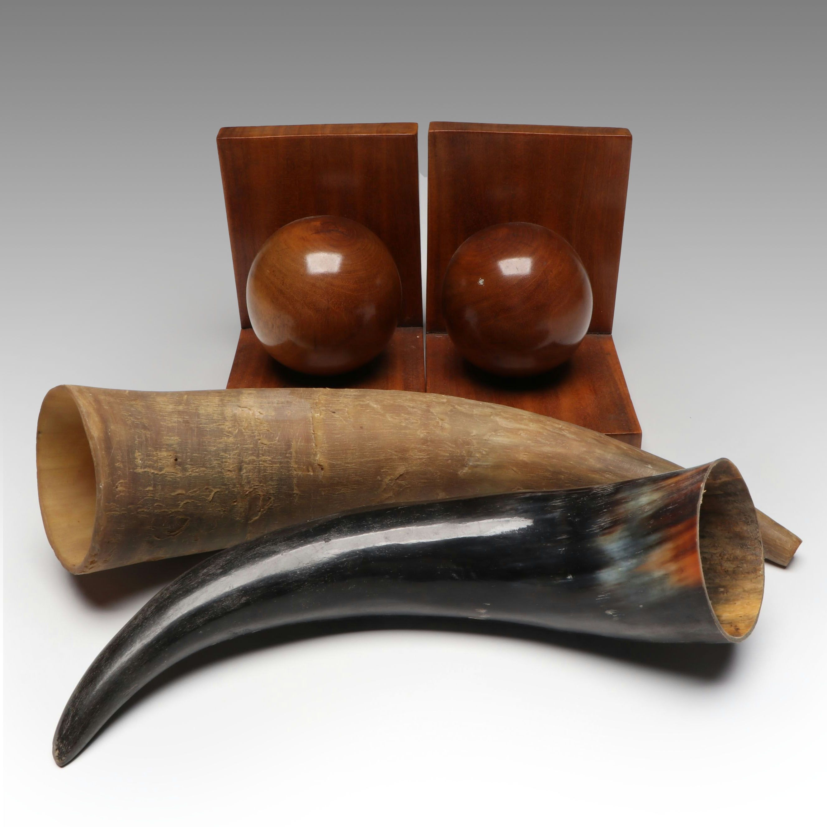 MCM Wood Ball Bookends with Hollowed Horns