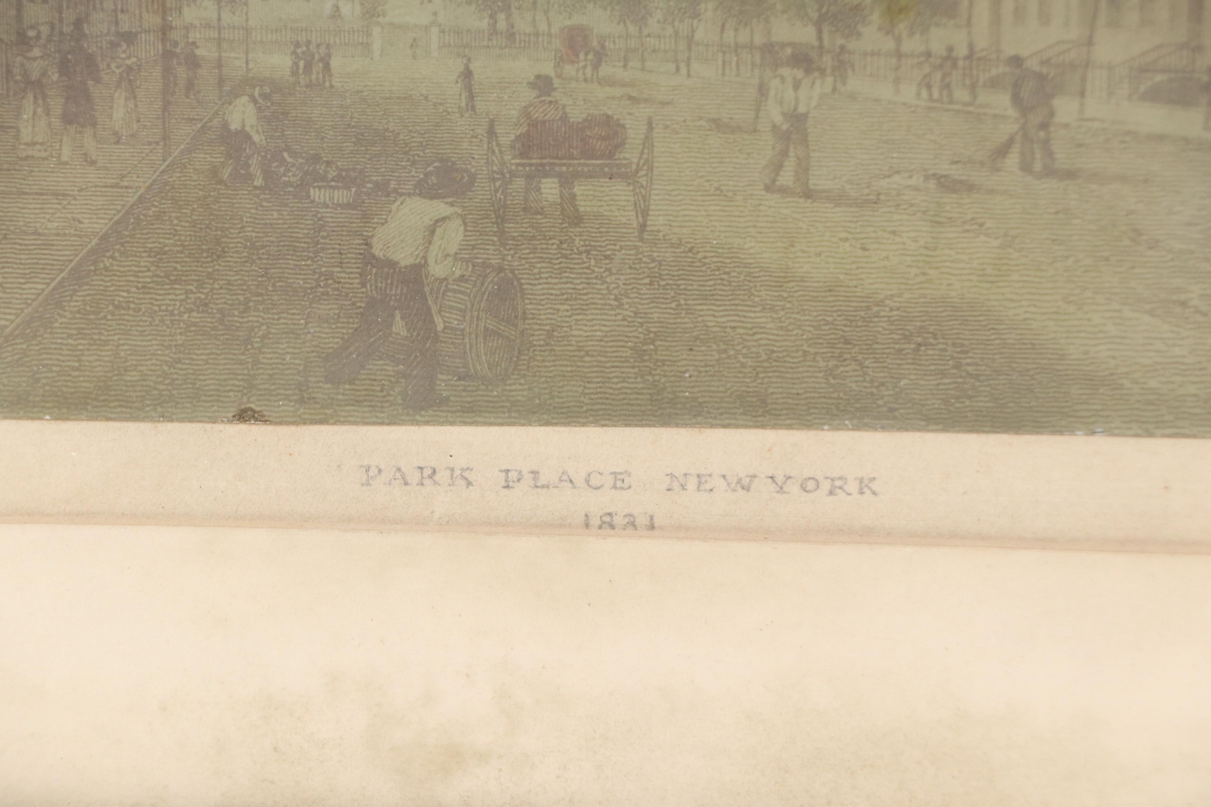 Hand-Colored Engraving "Park Place, New York," 1831