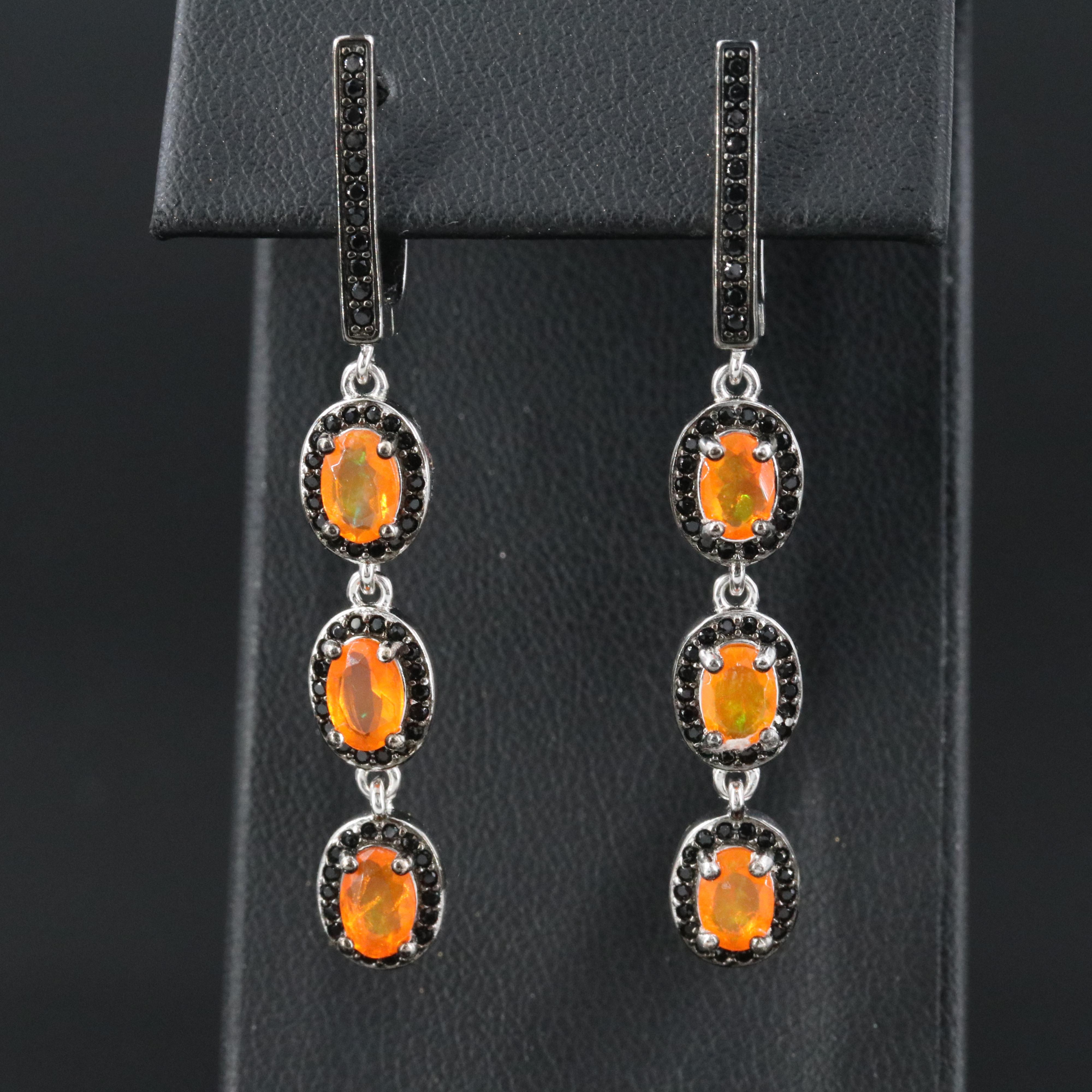 Sterling Fire Opal and CZ Drop Earrings