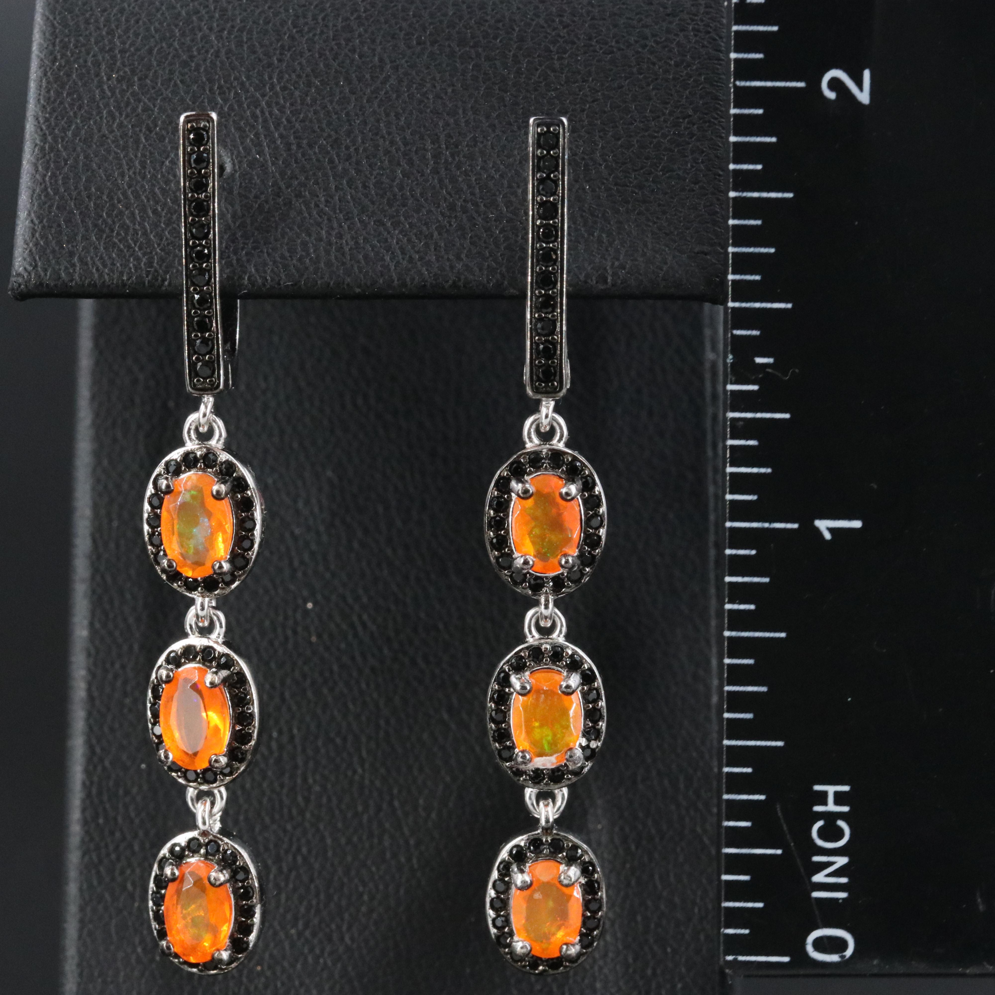 Sterling Fire Opal and CZ Drop Earrings