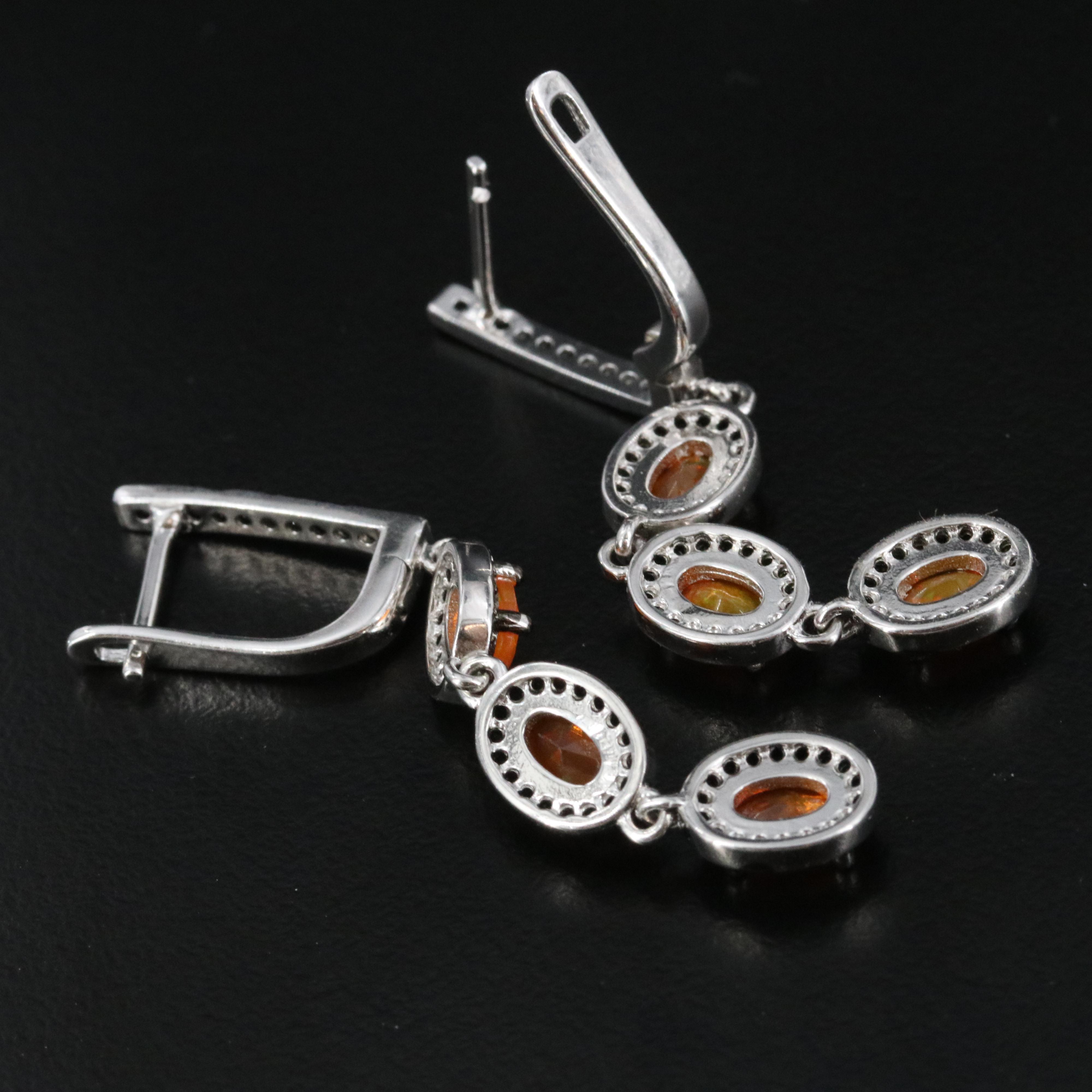 Sterling Fire Opal and CZ Drop Earrings