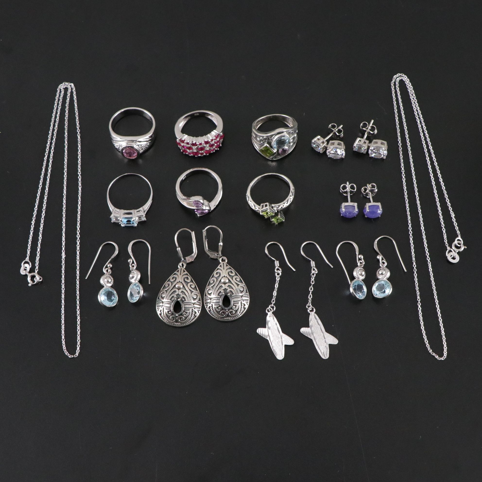 14 Assorted Sterling Silver Rings, Necklaces and Earrings