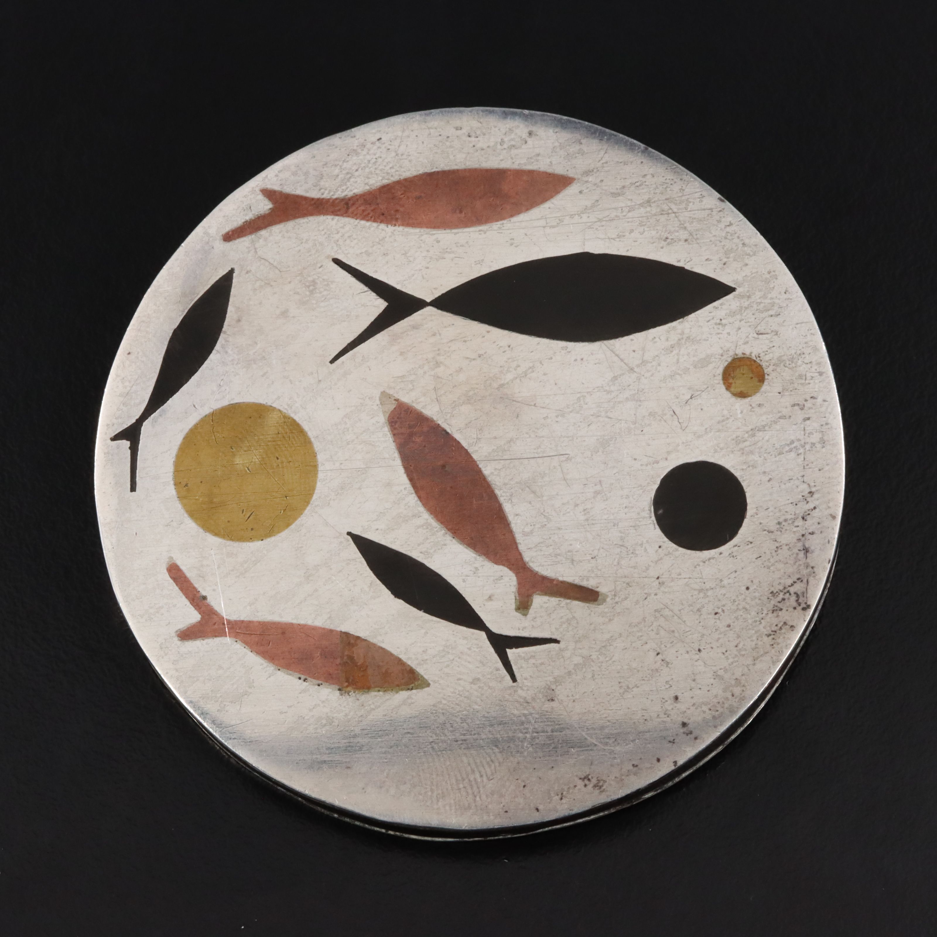 Modernist Estela Popowski Sterling, Copper & Brass Fish Brooch