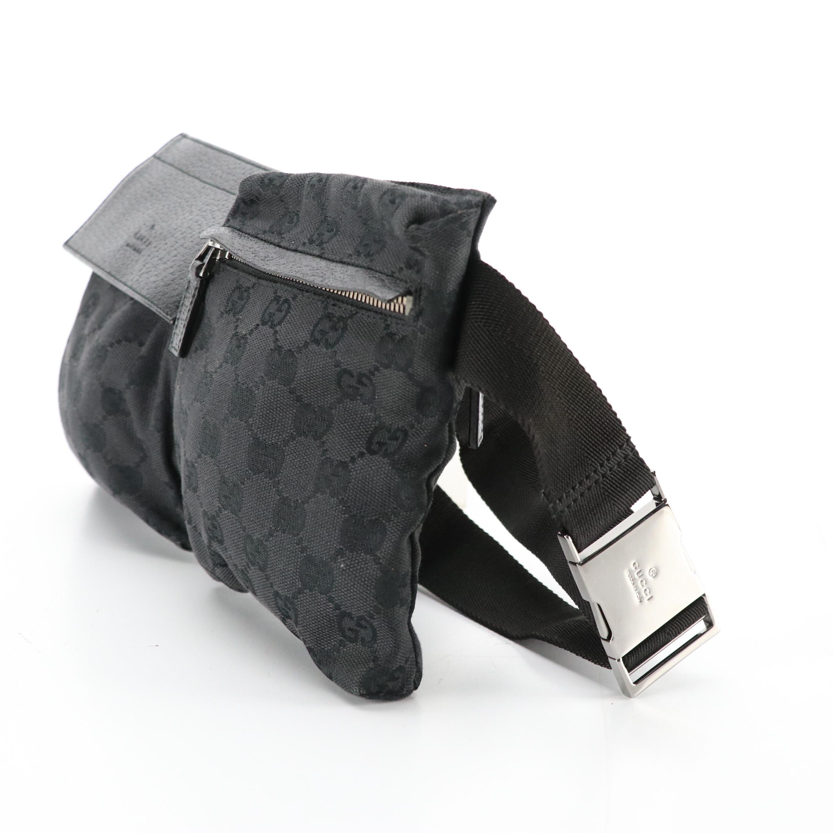 Gucci Double Pocket Belt Bag in Black GG Canvas and Black Leather