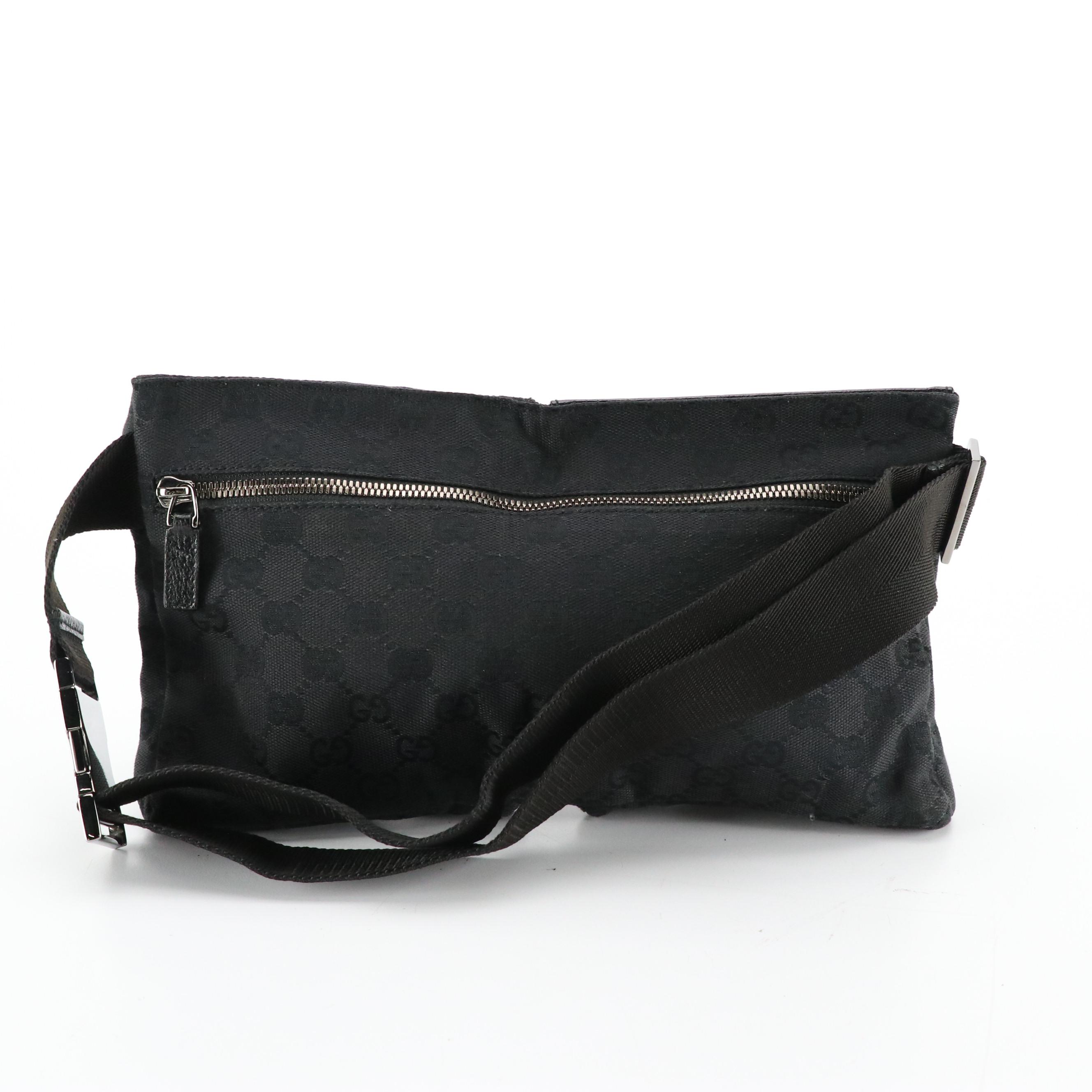 Gucci Double Pocket Belt Bag in Black GG Canvas and Black Leather