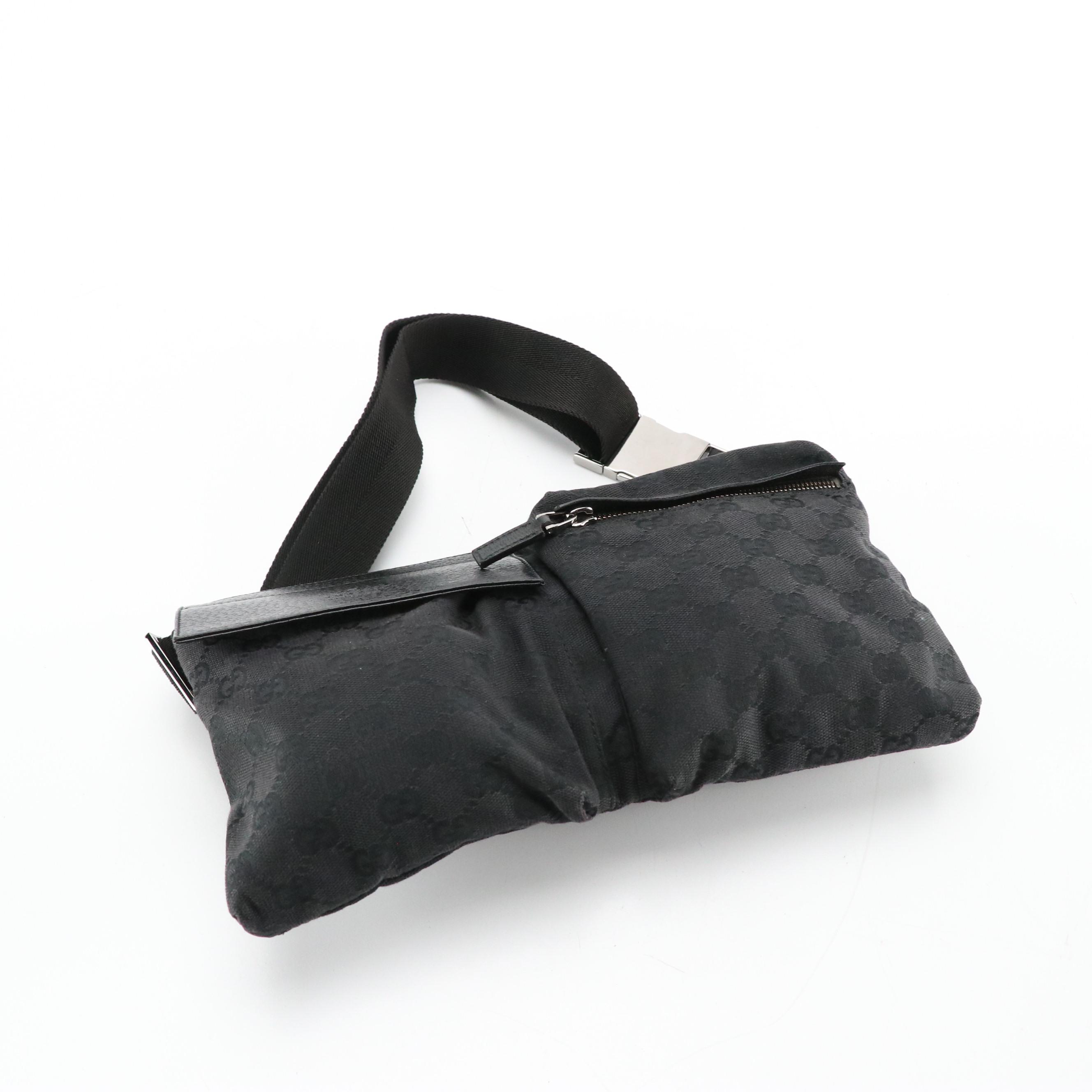 Gucci Double Pocket Belt Bag in Black GG Canvas and Black Leather