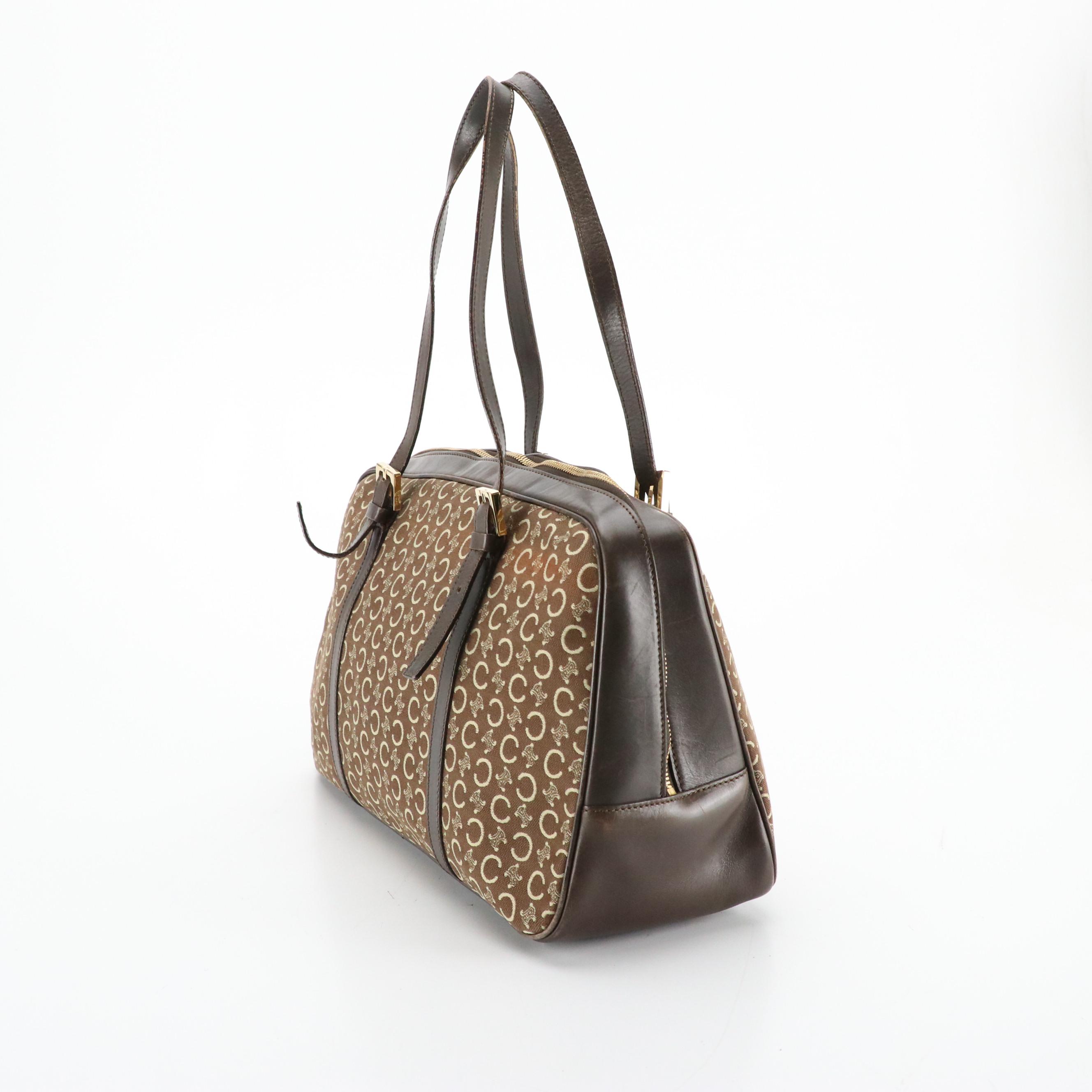 Celine Zip Around Boston Bag in Brown C Macadam Canvas and Leather Trim