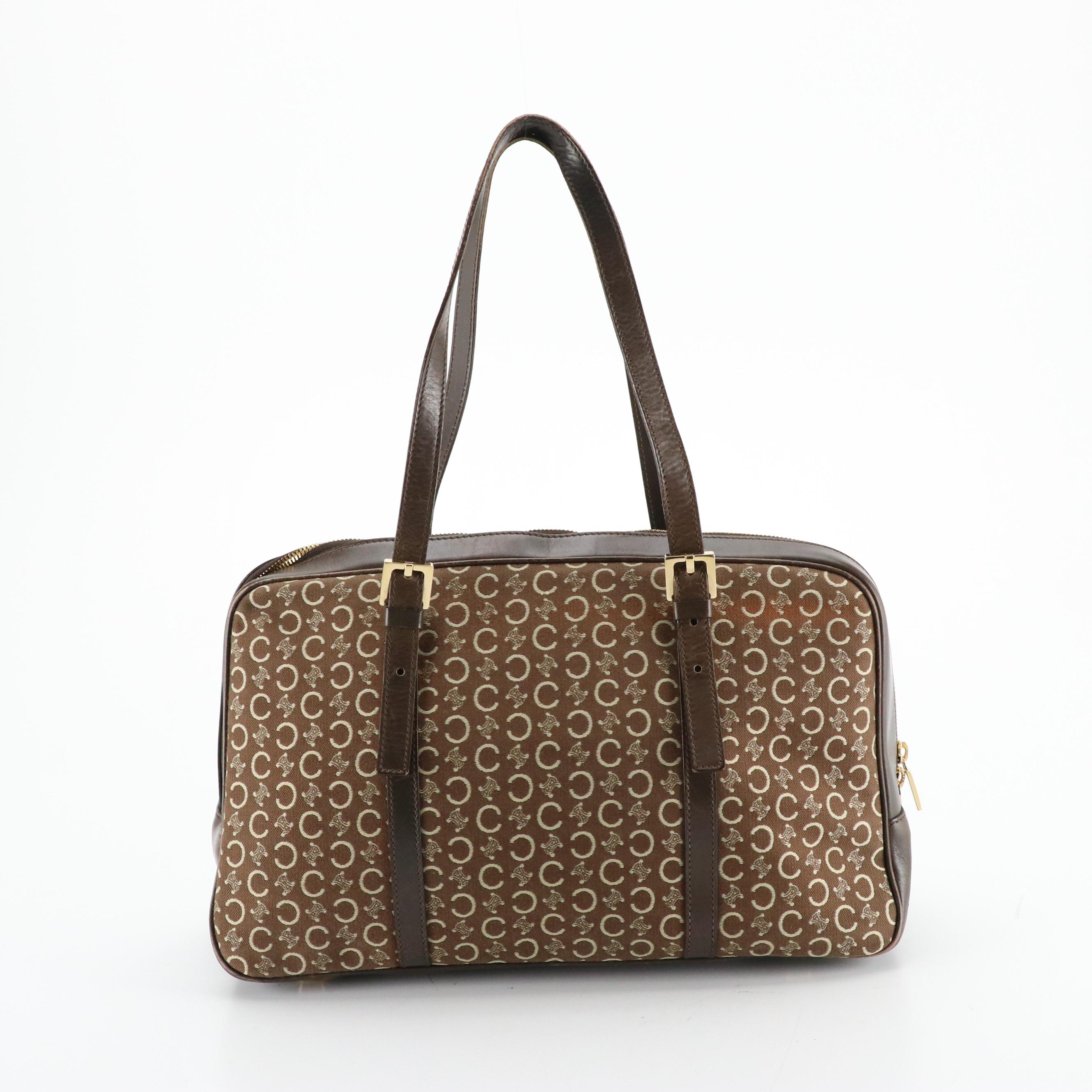 Celine Zip Around Boston Bag in Brown C Macadam Canvas and Leather Trim