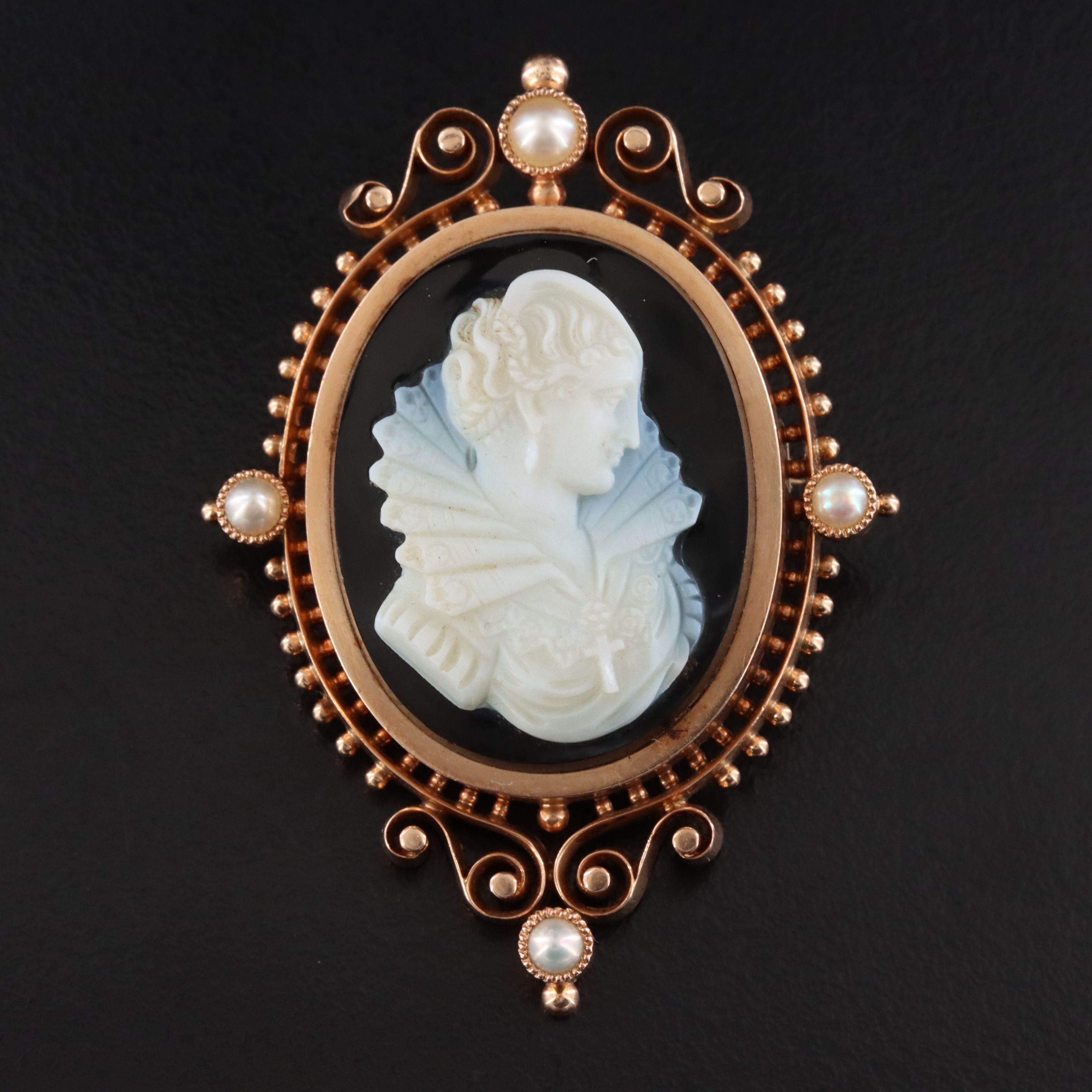 Antique Renaissance Revival 14K Rose Gold Onyx & Pearl Cameo Converter Brooch