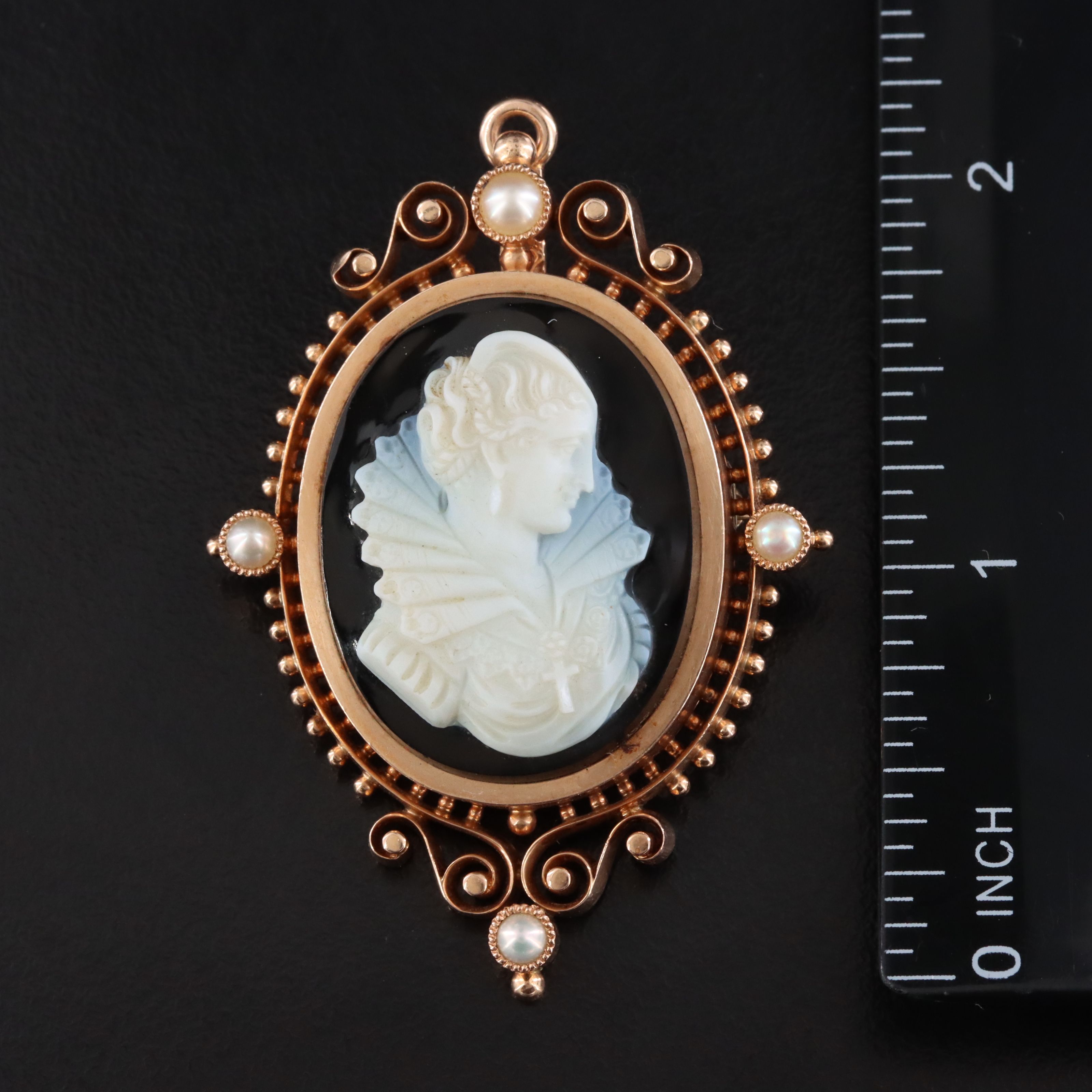 Antique Renaissance Revival 14K Rose Gold Onyx & Pearl Cameo Converter Brooch