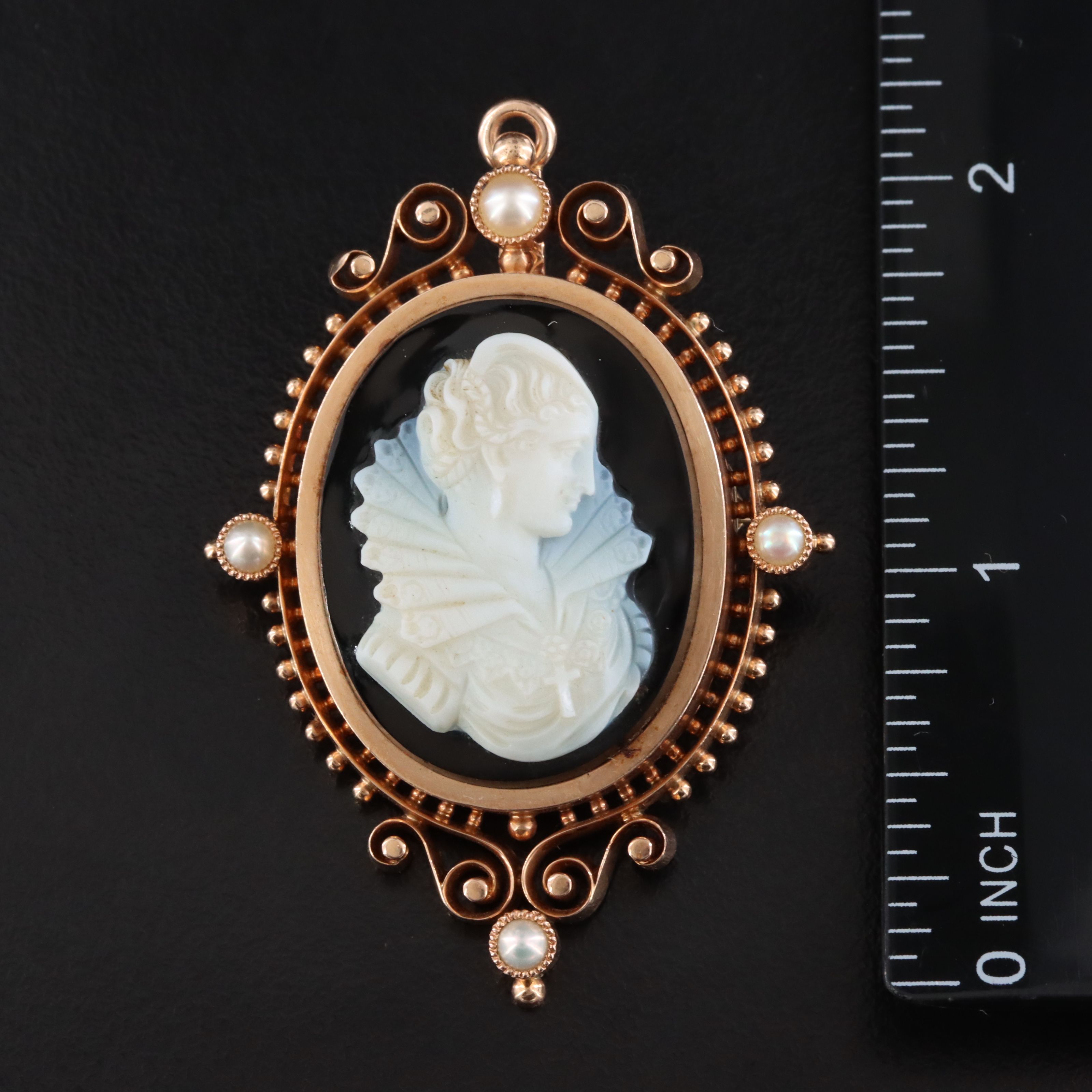 Antique Renaissance Revival 14K Rose Gold Onyx & Pearl Cameo Converter Brooch