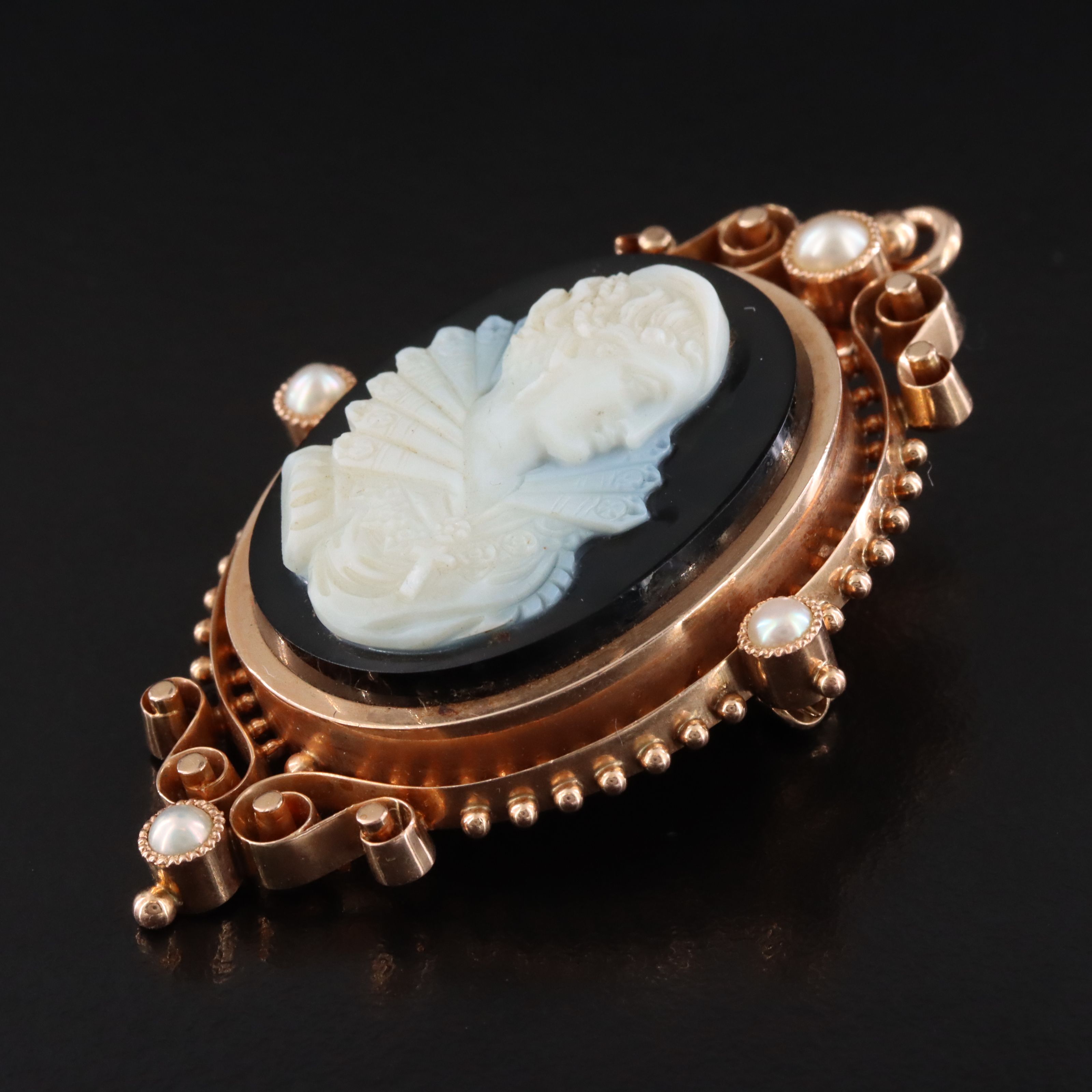 Antique Renaissance Revival 14K Rose Gold Onyx & Pearl Cameo Converter Brooch