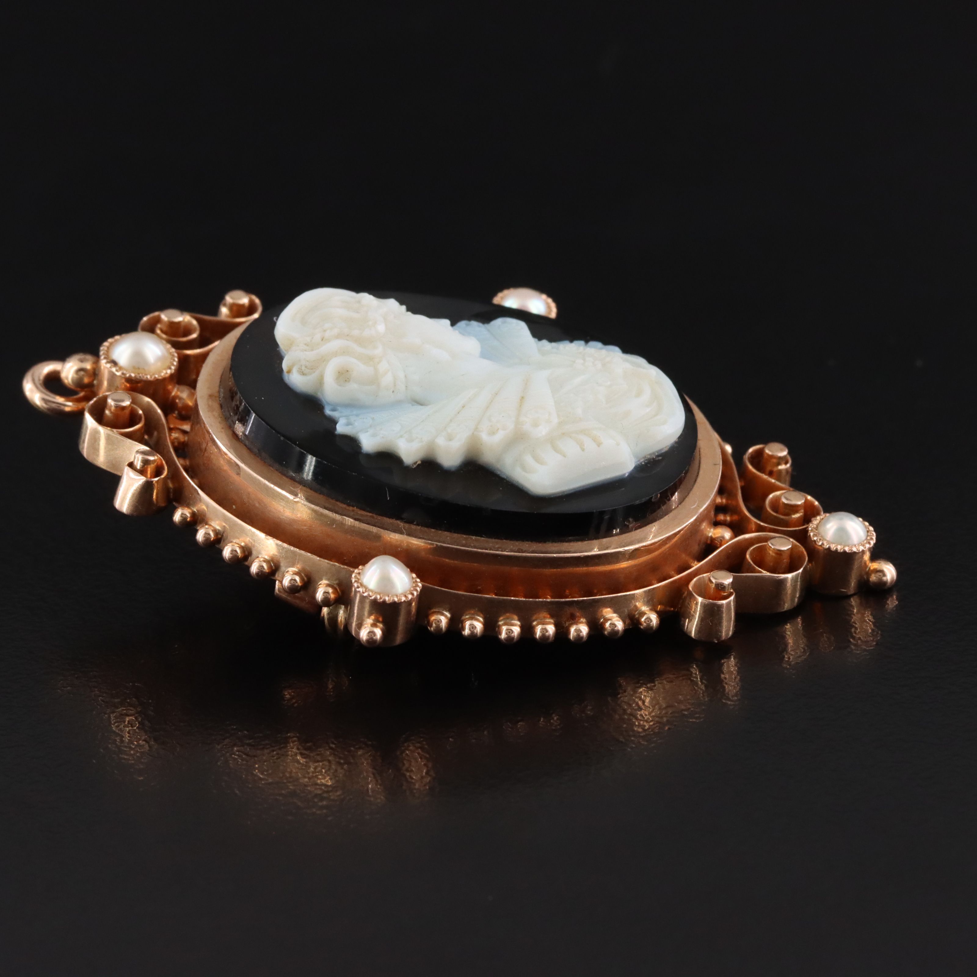 Antique Renaissance Revival 14K Rose Gold Onyx & Pearl Cameo Converter Brooch