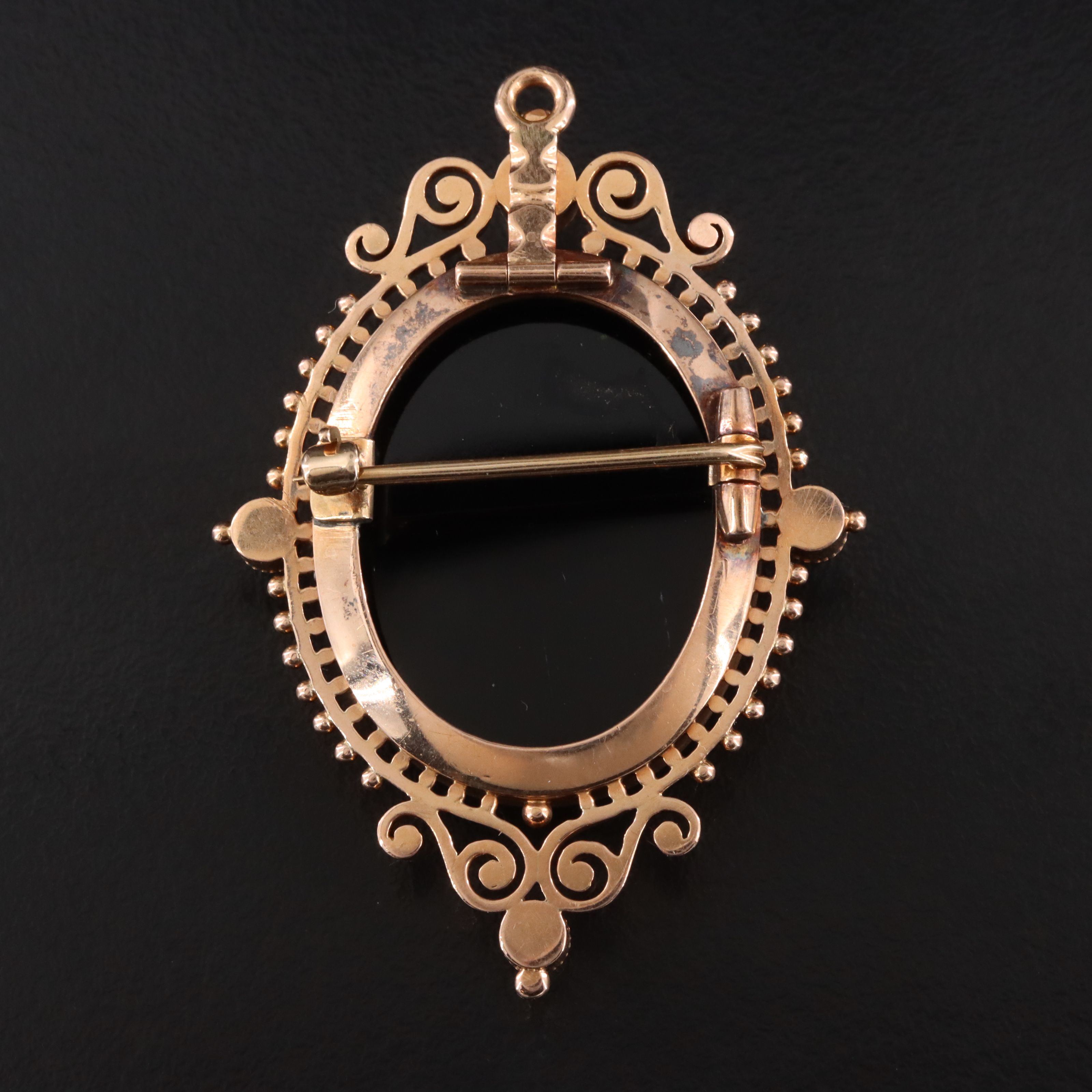 Antique Renaissance Revival 14K Rose Gold Onyx & Pearl Cameo Converter Brooch