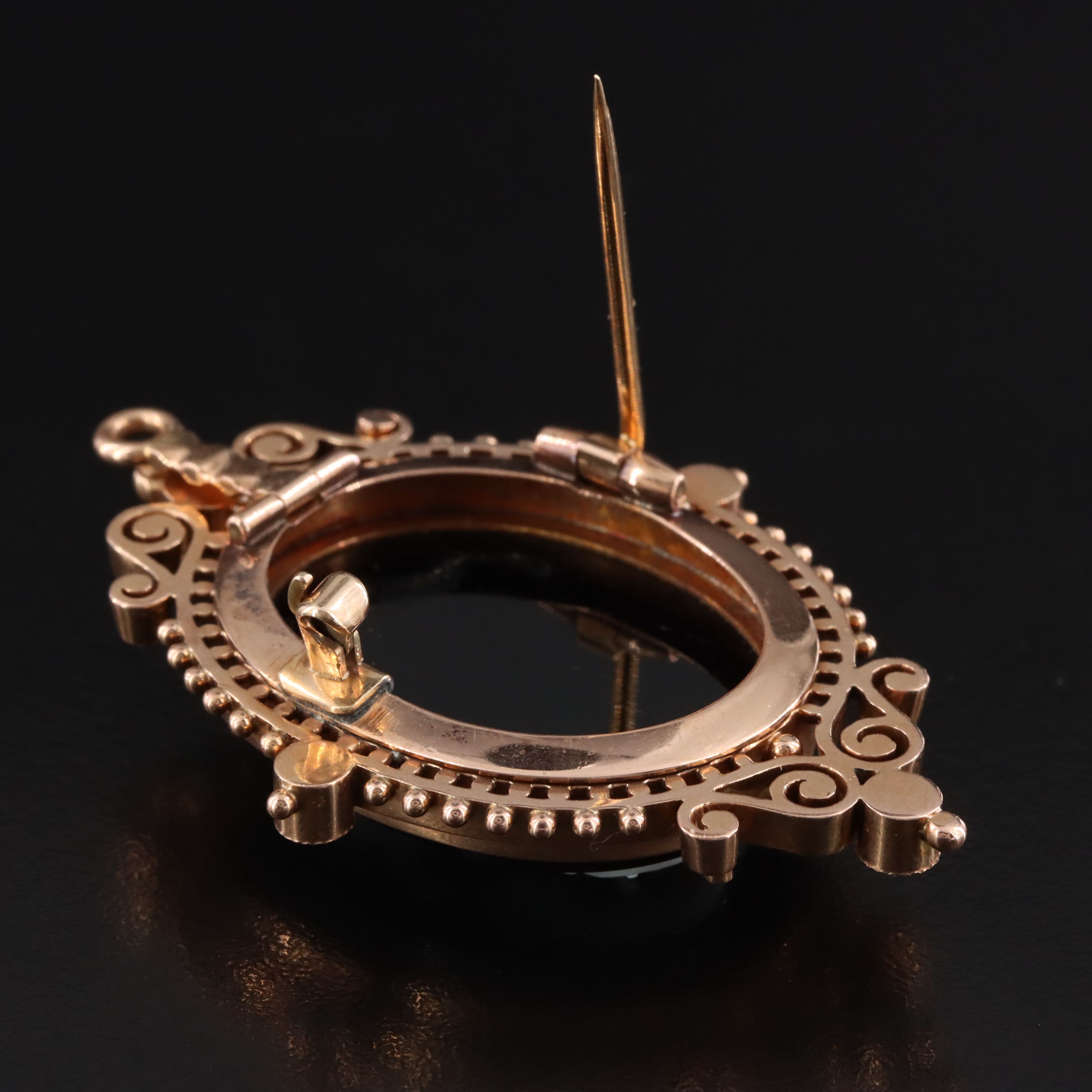 Antique Renaissance Revival 14K Rose Gold Onyx & Pearl Cameo Converter Brooch