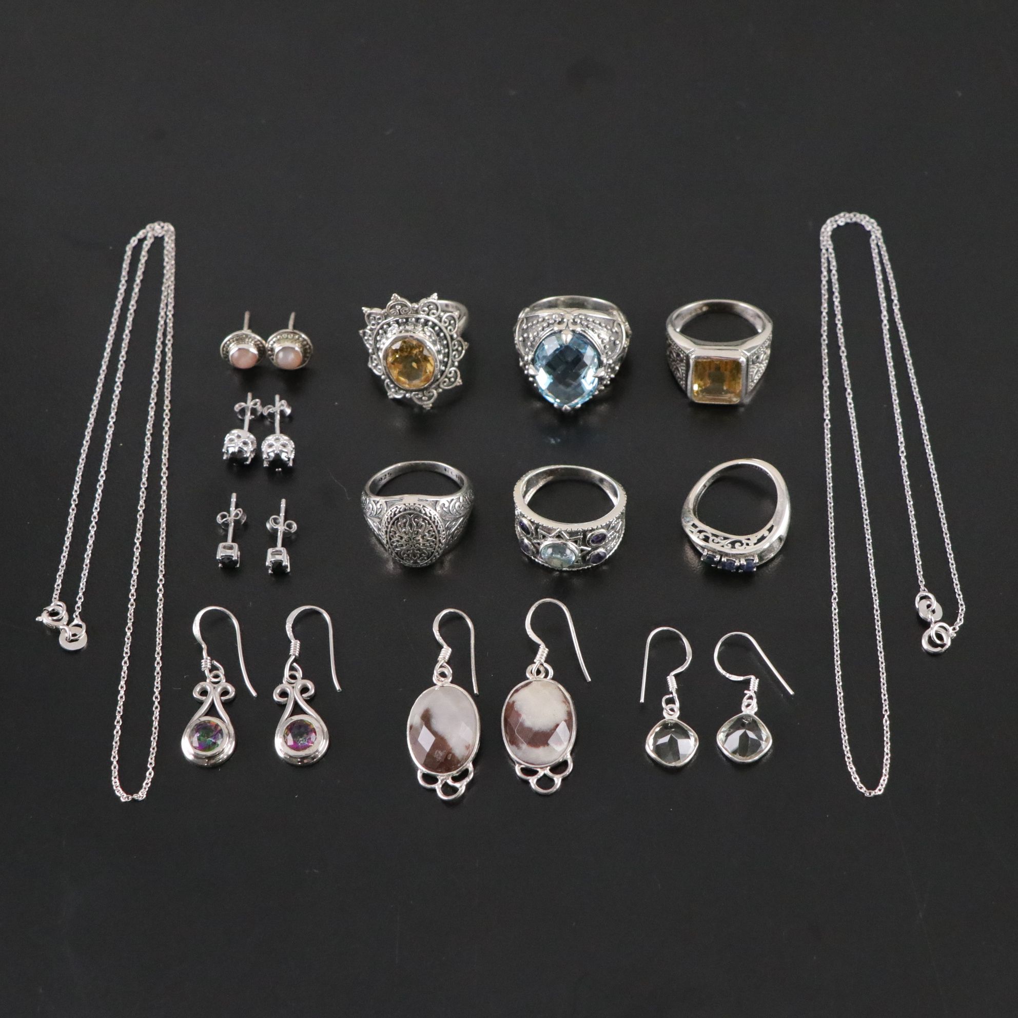 14 Assorted Sterling Silver Rings, Necklaces and Earrings