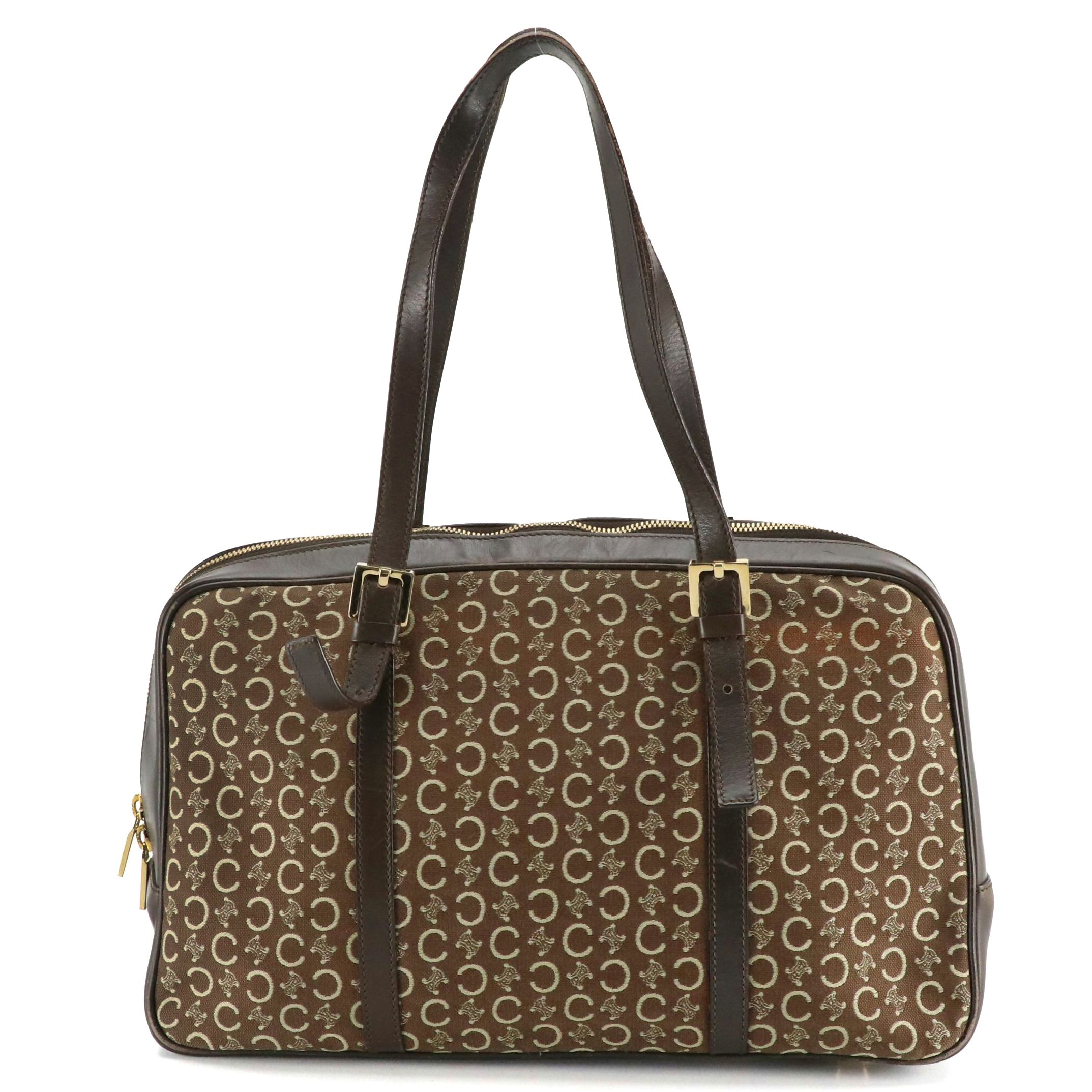 Celine Zip Around Boston Bag in Brown C Macadam Canvas and Leather Trim