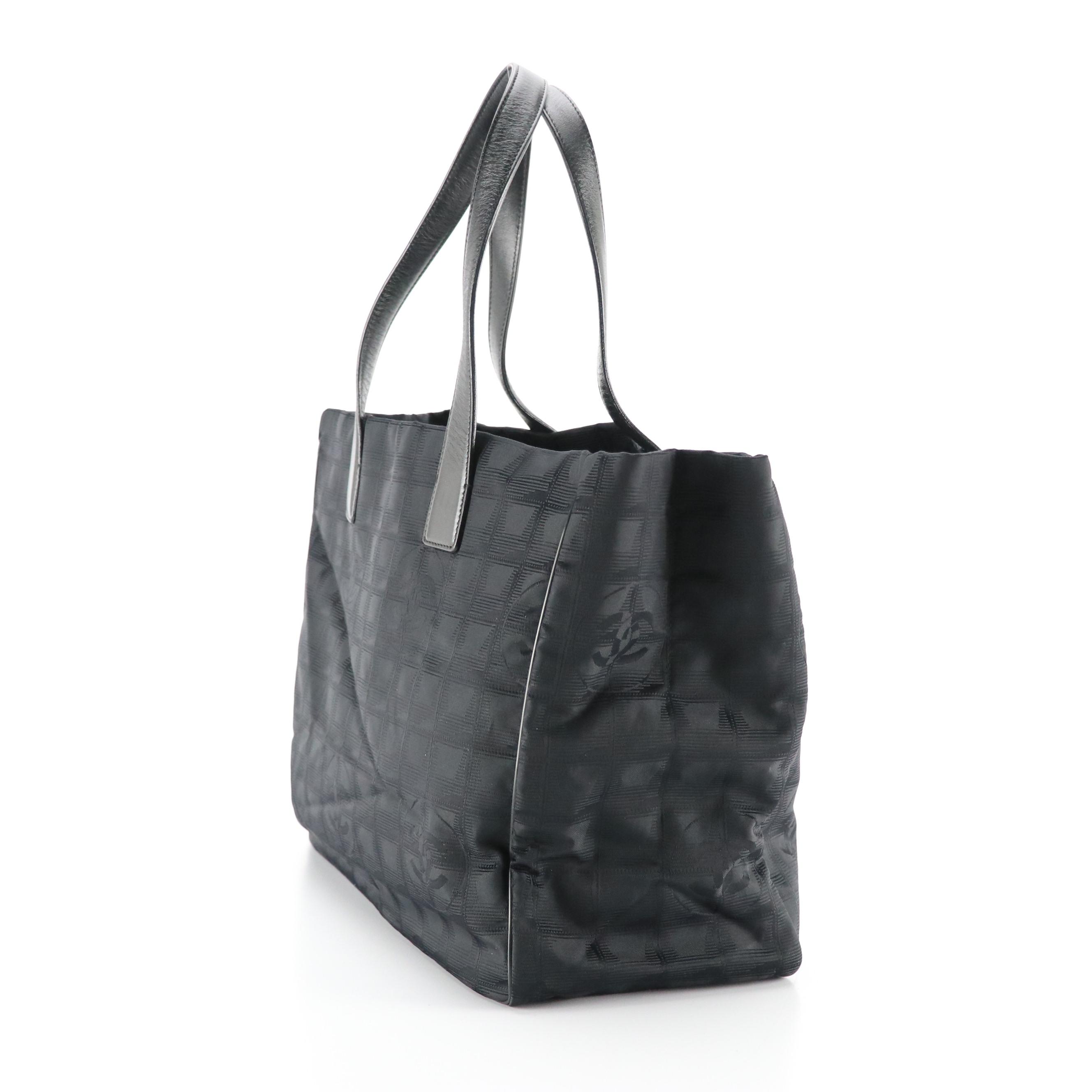 Chanel Travel Ligne Shoulder Tote in Black CC Nylon Jacquard with Leather Trim