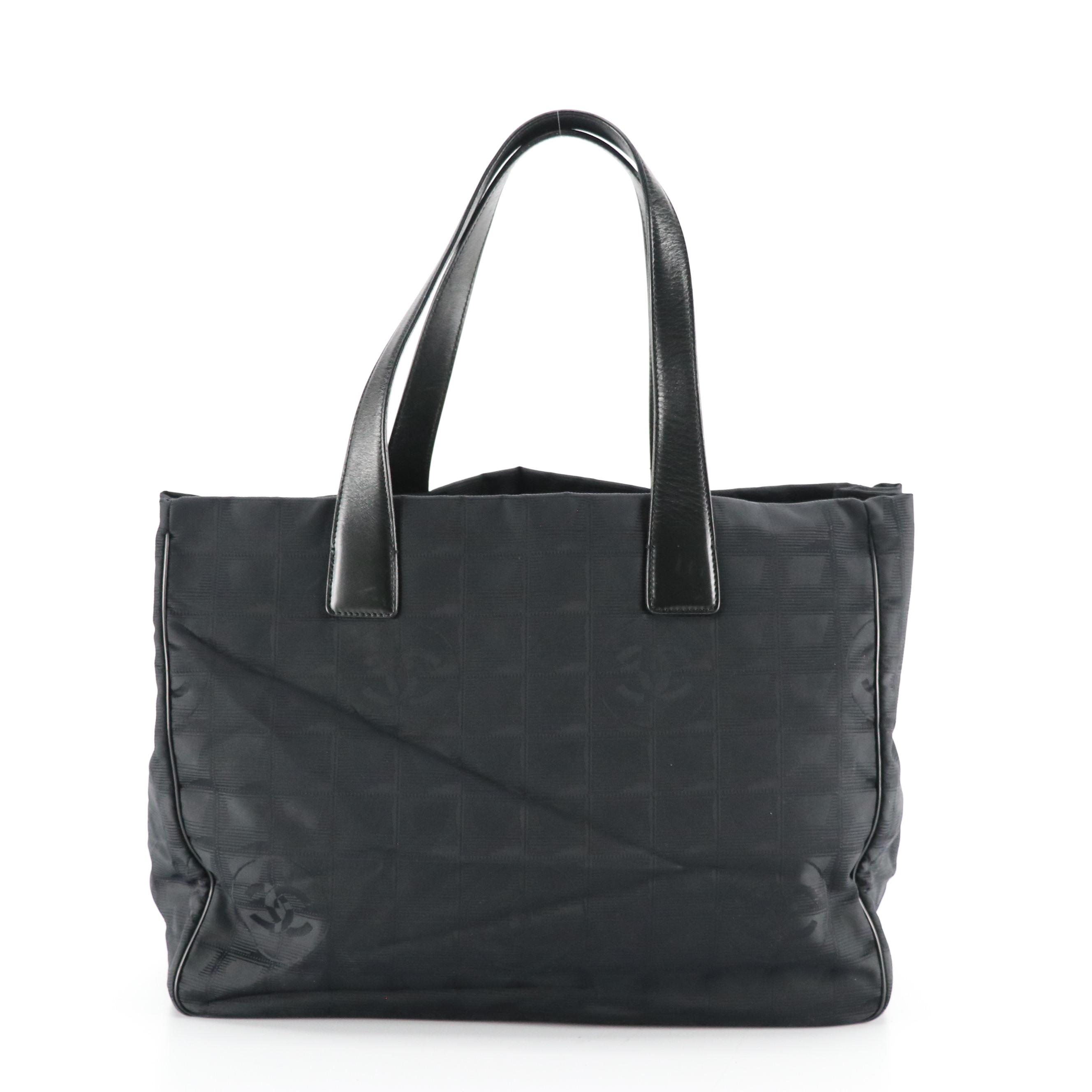 Chanel Travel Ligne Shoulder Tote in Black CC Nylon Jacquard with Leather Trim