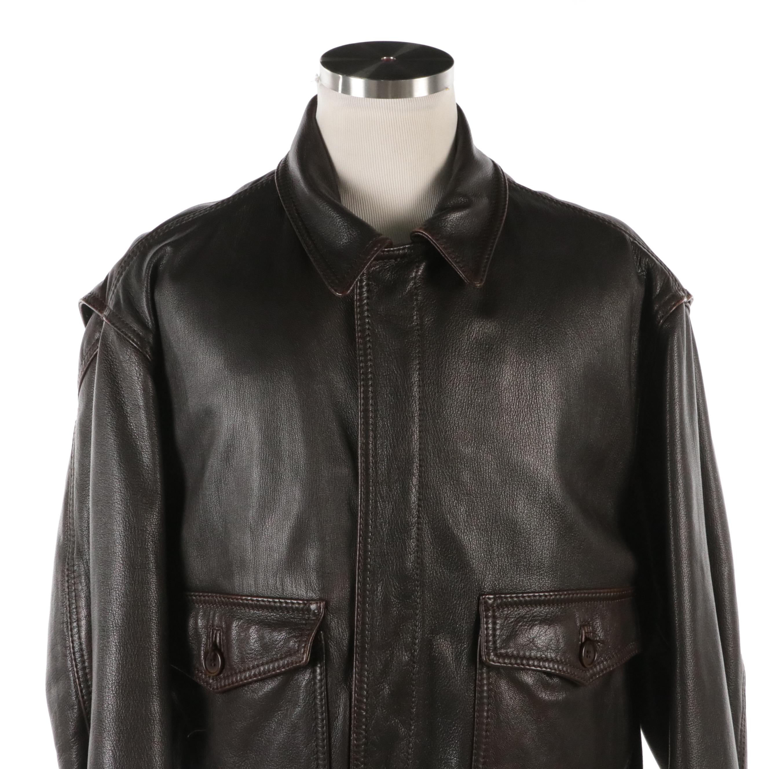 Men's Volo Brown Leather Bomber Jacket with Quilted Removable Lining