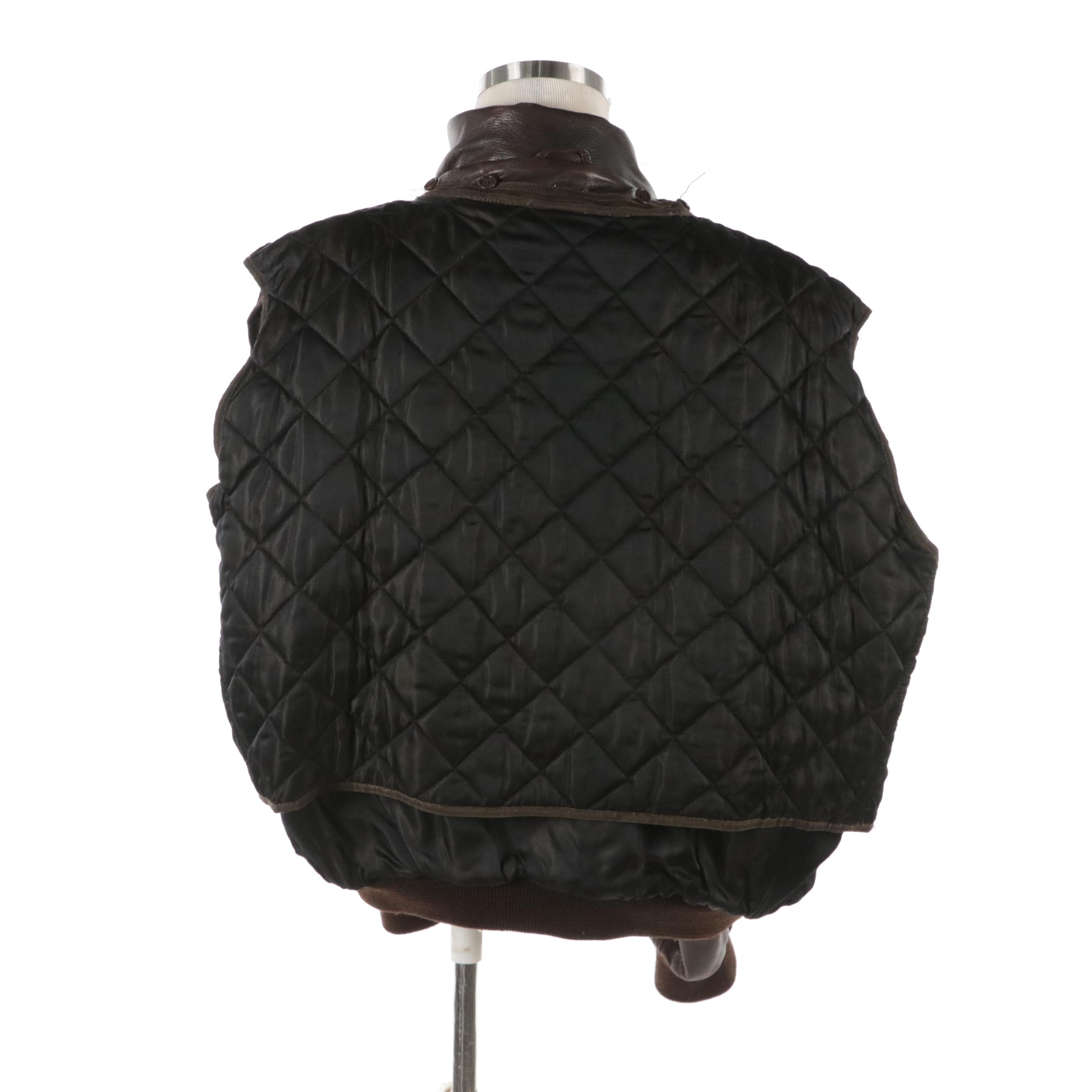 Men's Volo Brown Leather Bomber Jacket with Quilted Removable Lining