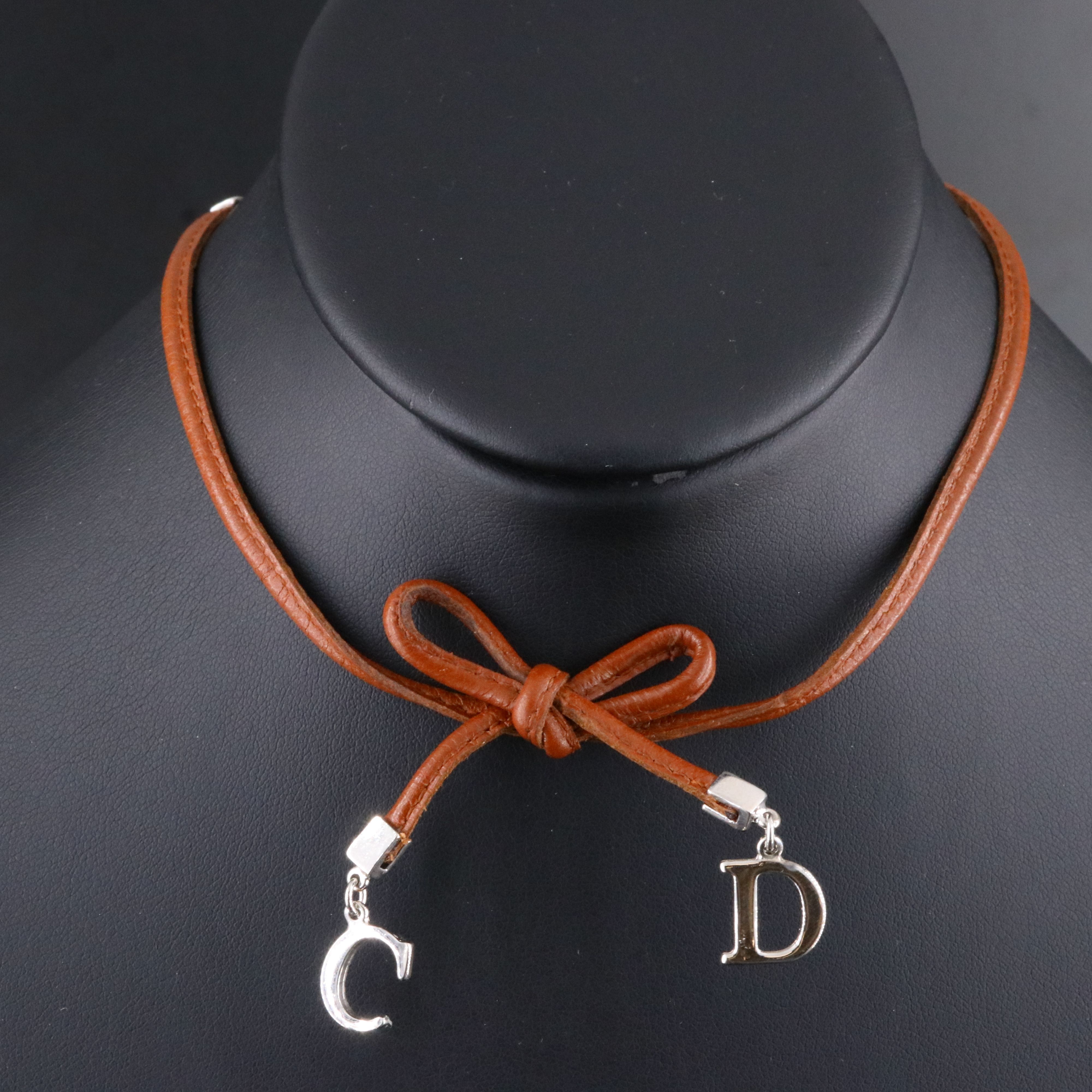 Christian Dior CD Faux Leather Bow Necklace