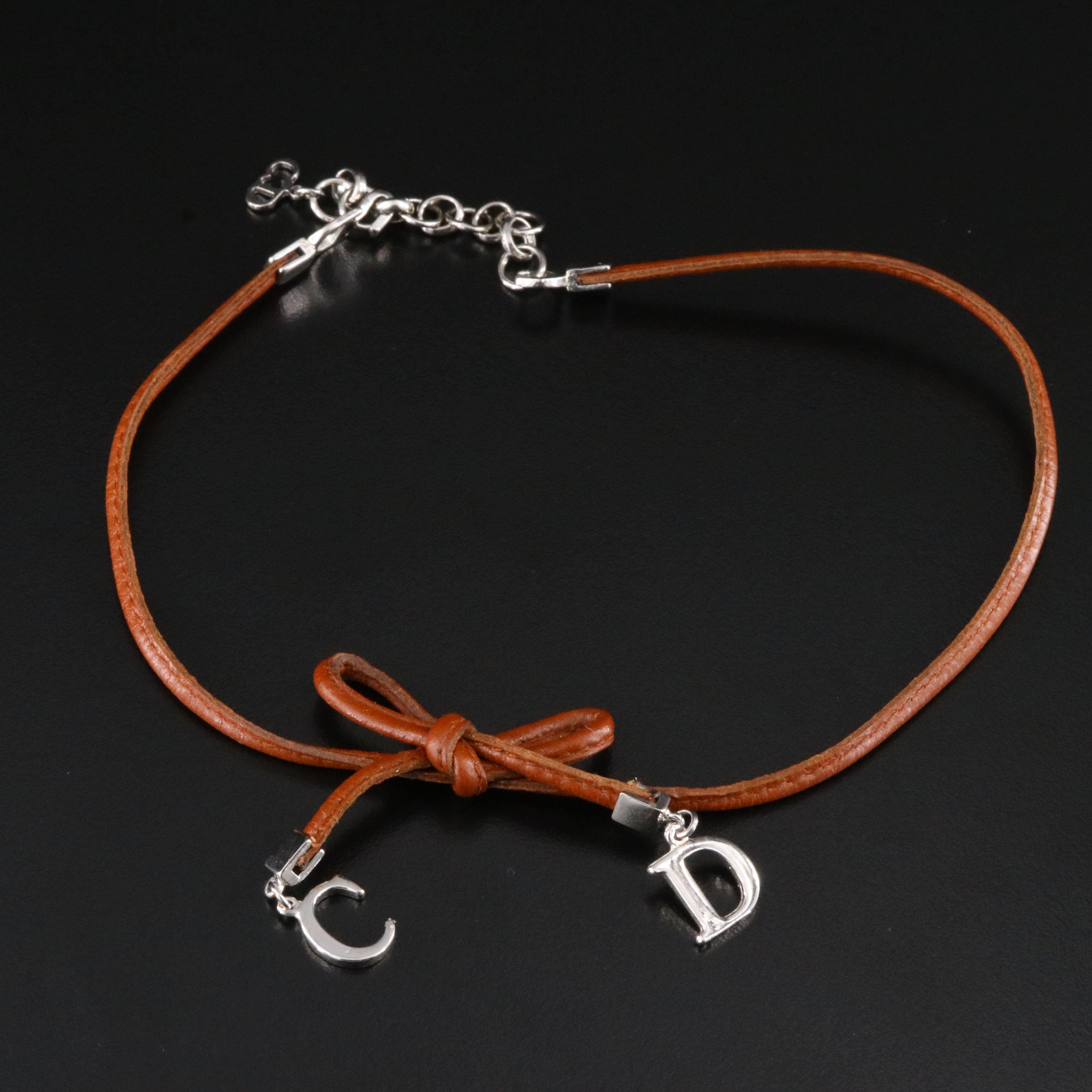 Christian Dior CD Faux Leather Bow Necklace