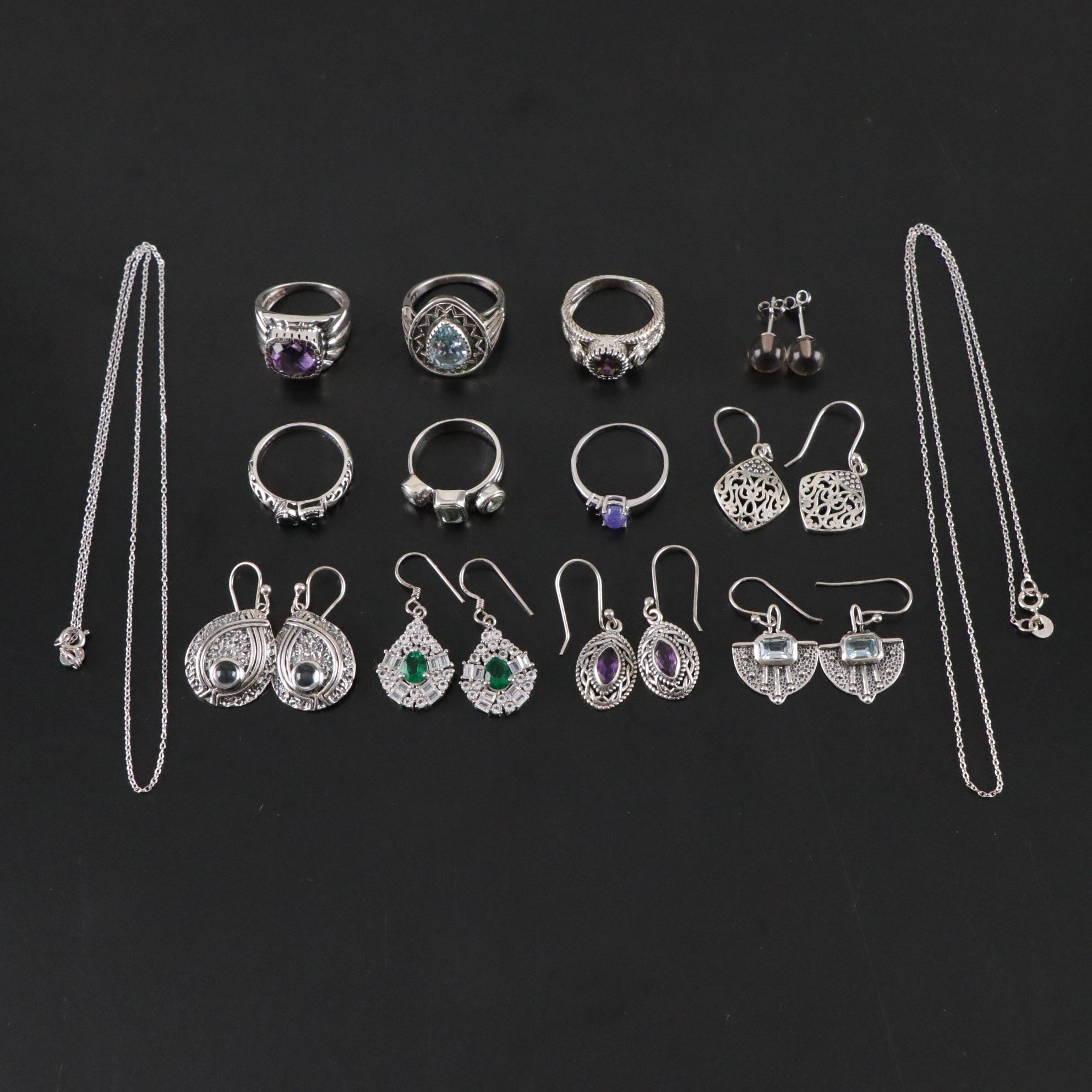 14 Assorted Sterling Silver Rings, Necklaces and Earrings