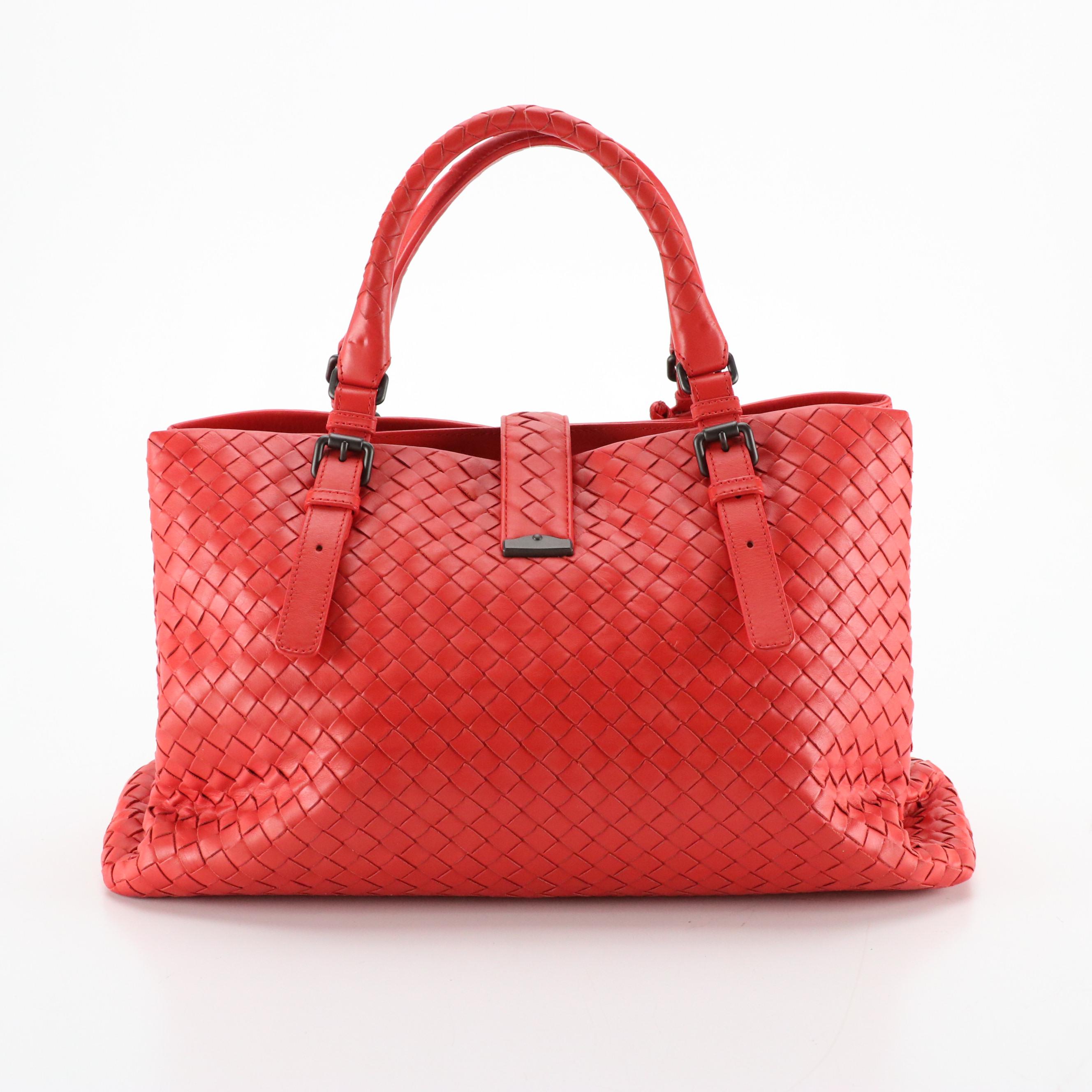 Bottega Veneta Roma Satchel in Red Intrecciato Calfskin Leather