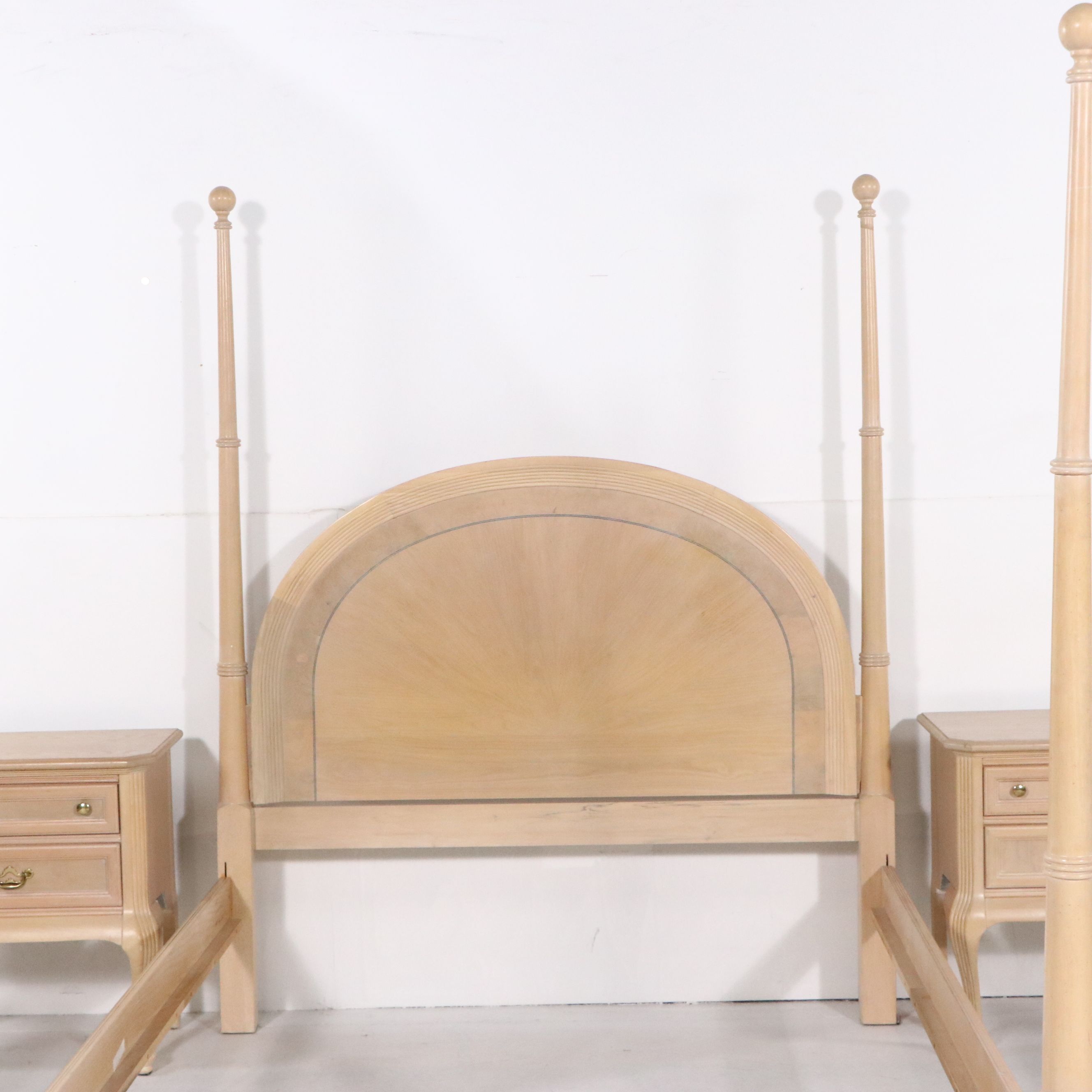 Queen Anne Blonde Oak Four-Poster Bed with Coordinating Nightstands