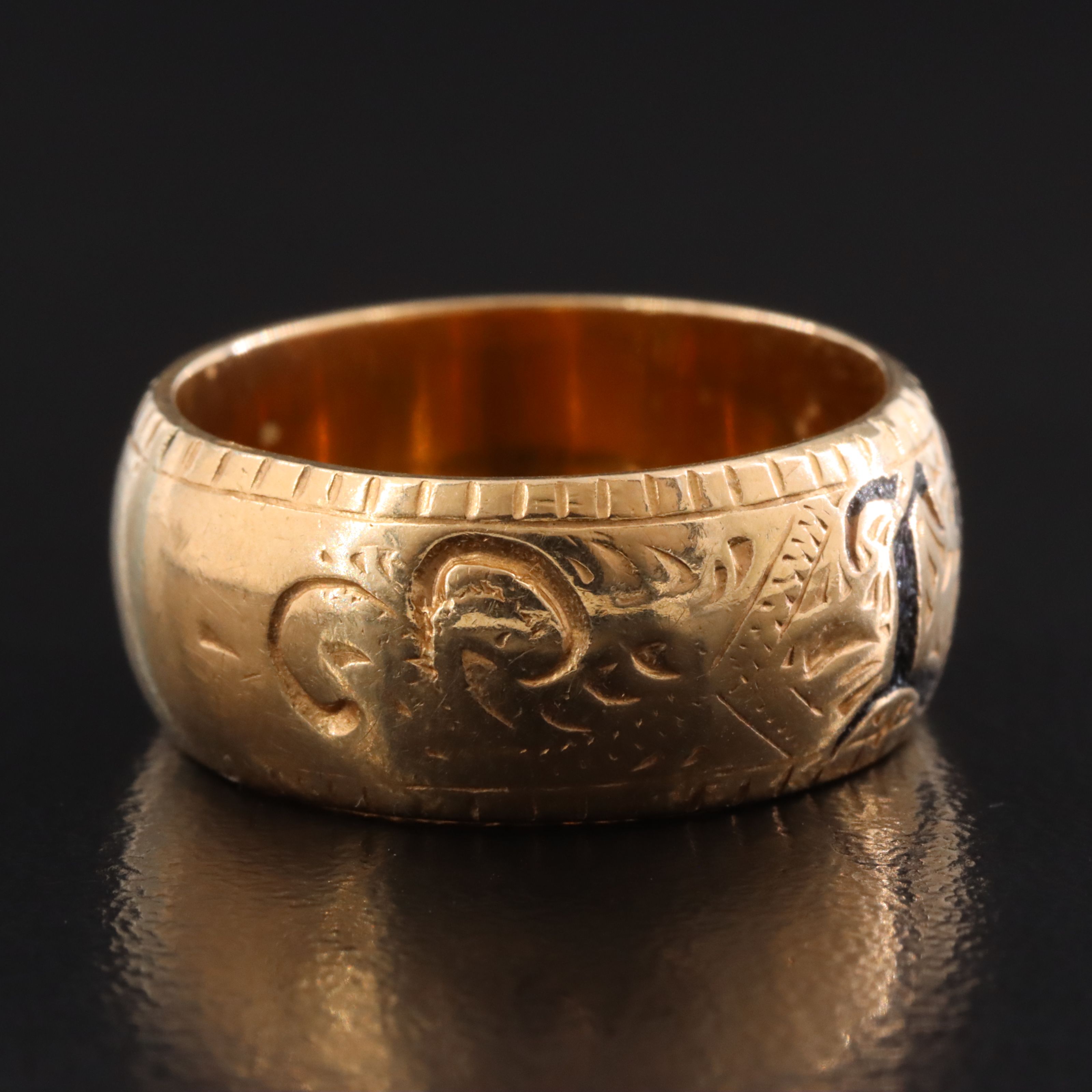 Vintage 14K Enamel Old English "Lina" Hand Engraved Band