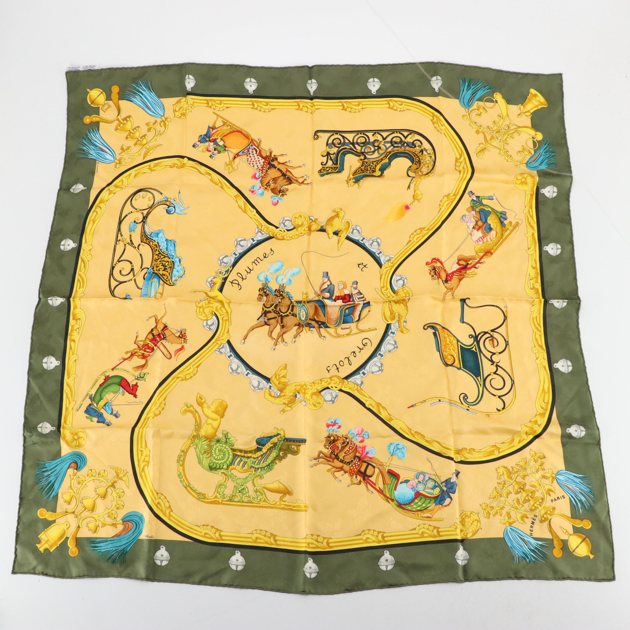 Hermès "Plumes et Grelots" Holly Silk Jacquard Scarf 90 in Box