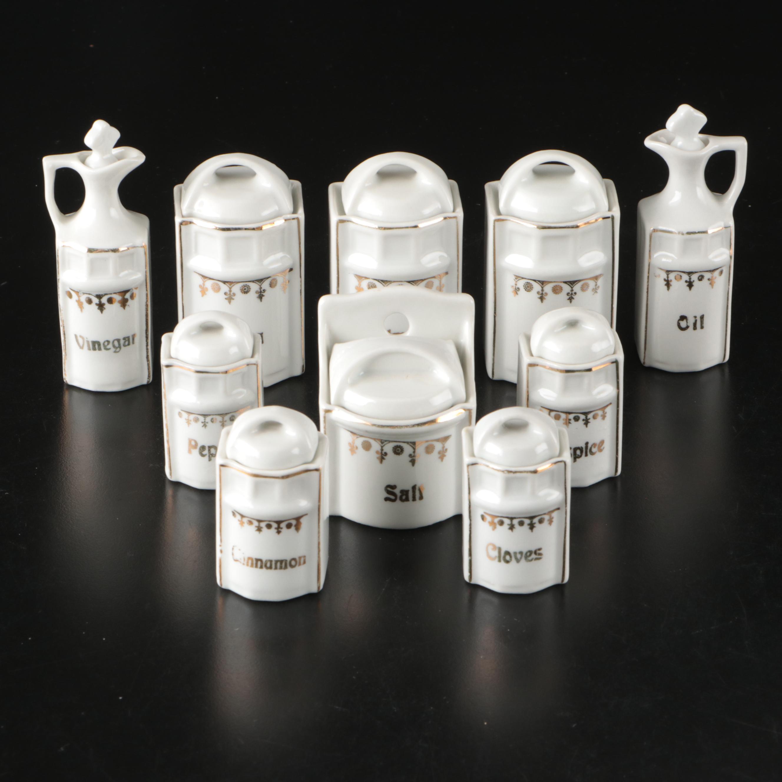 German Hand-Painted Porcelain Kitchen Canister and Spice Set for Dolls