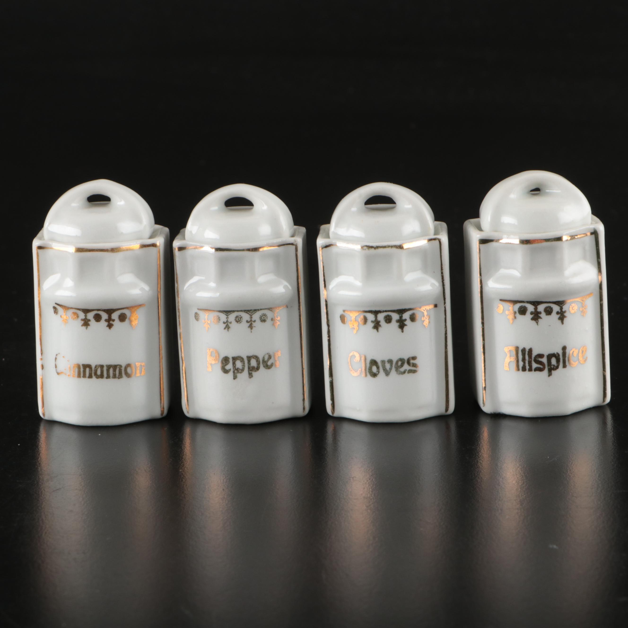 German Hand-Painted Porcelain Kitchen Canister and Spice Set for Dolls