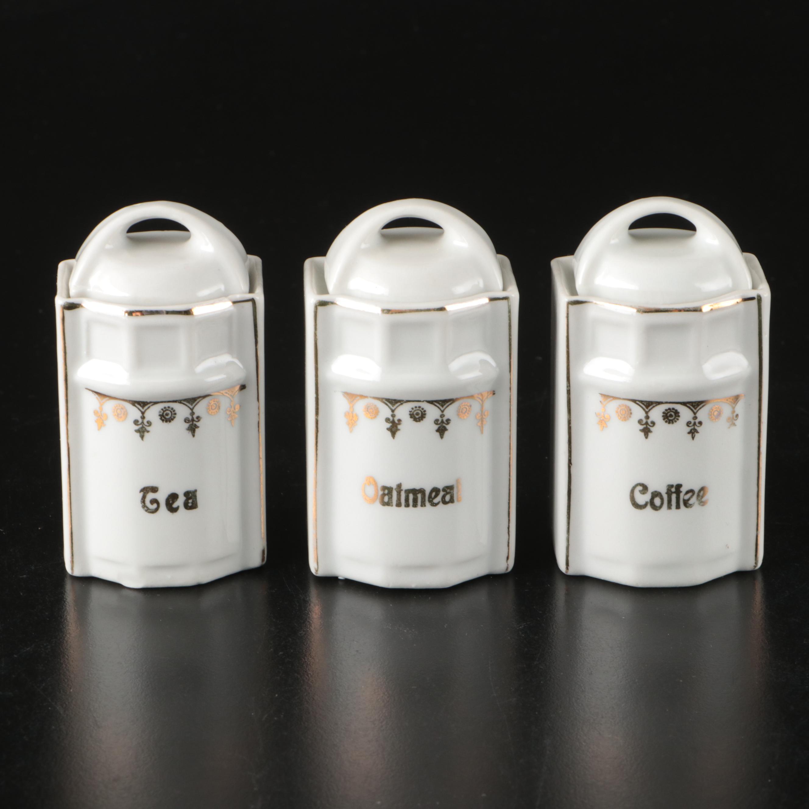 German Hand-Painted Porcelain Kitchen Canister and Spice Set for Dolls