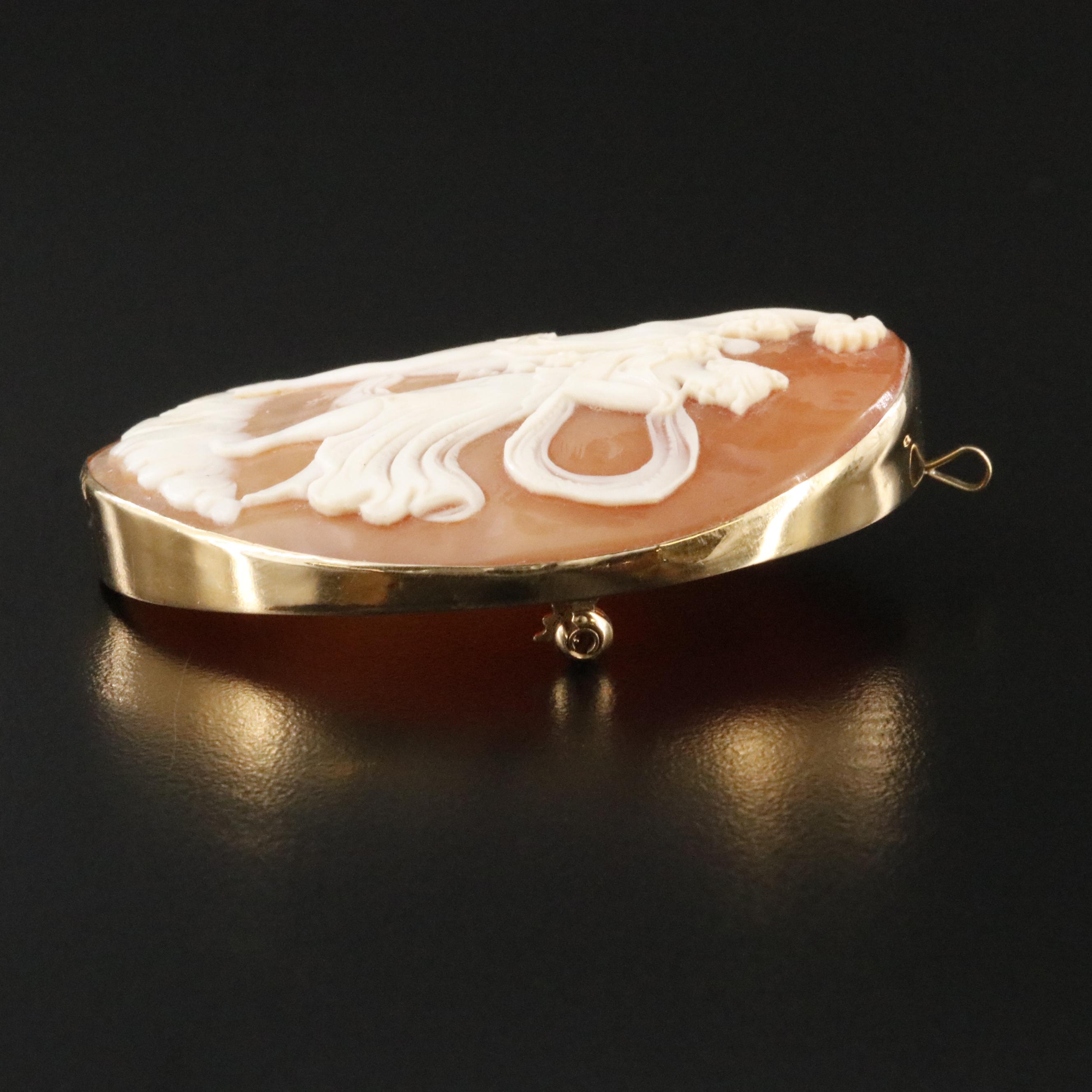 Vintage Signed 18K Shell Eros and Psyche Cameo Converter Brooch