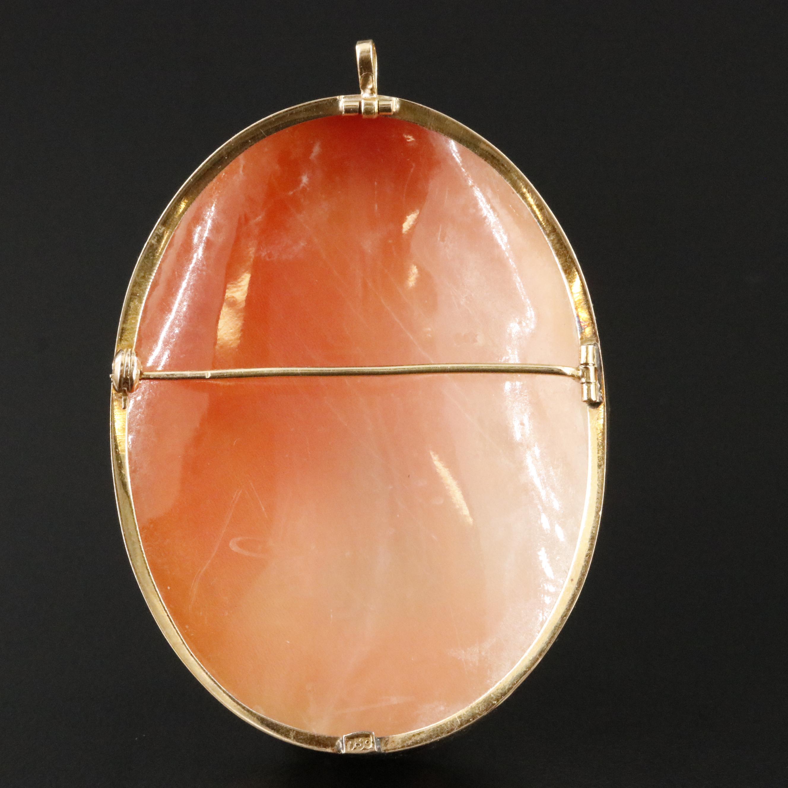 Vintage Signed 18K Shell Eros and Psyche Cameo Converter Brooch