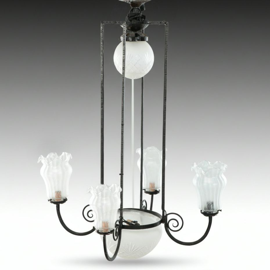 French Art Deco Wrought Iron Electric Chandelier in the Style of Muller Freres