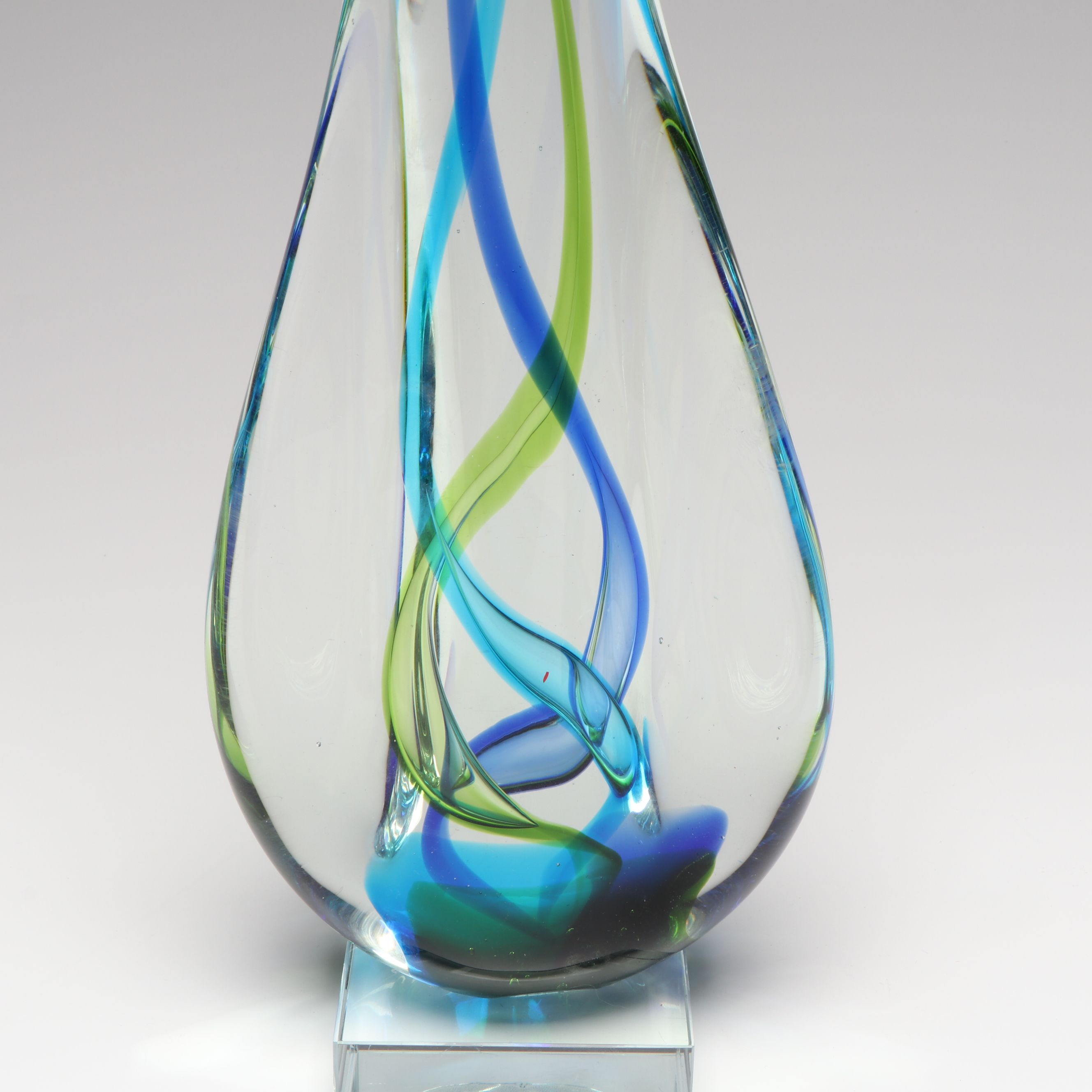Pair of Handblown Studio Glass Blue and Green Spiral Teardrop Figures
