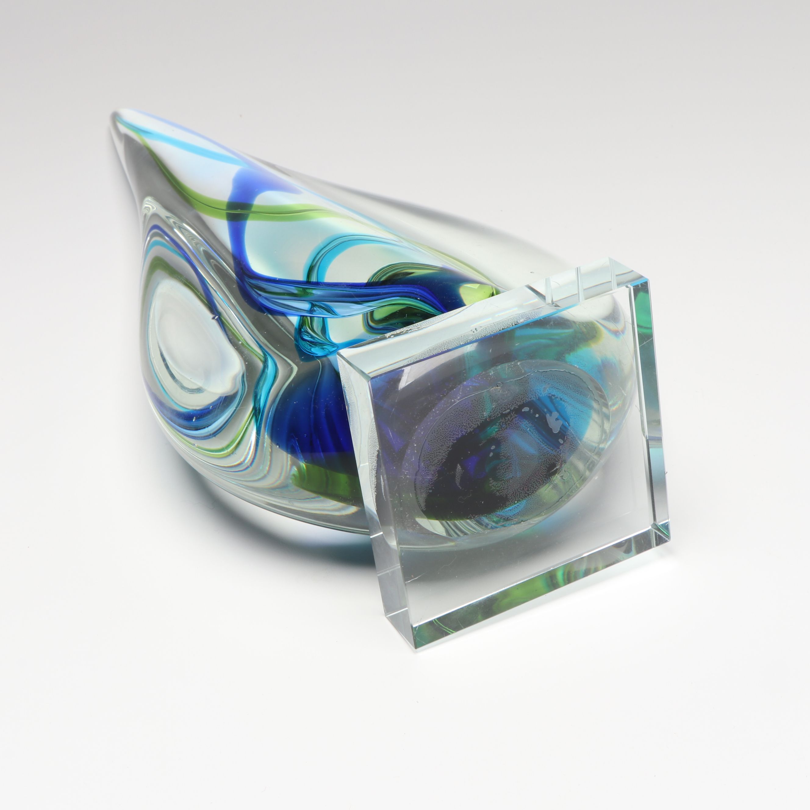 Pair of Handblown Studio Glass Blue and Green Spiral Teardrop Figures