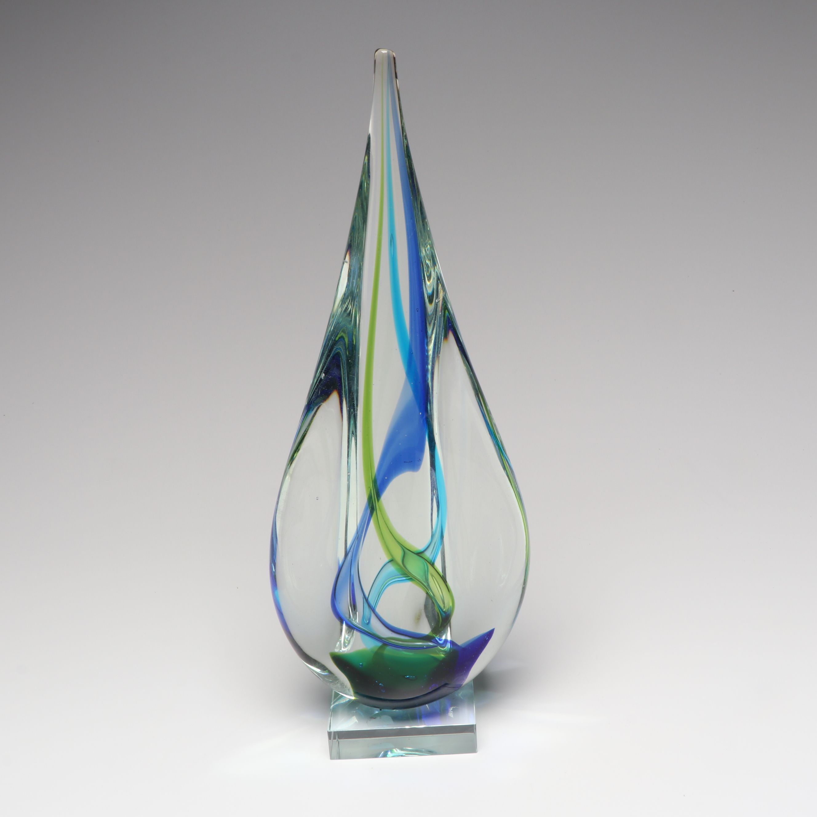 Pair of Handblown Studio Glass Blue and Green Spiral Teardrop Figures