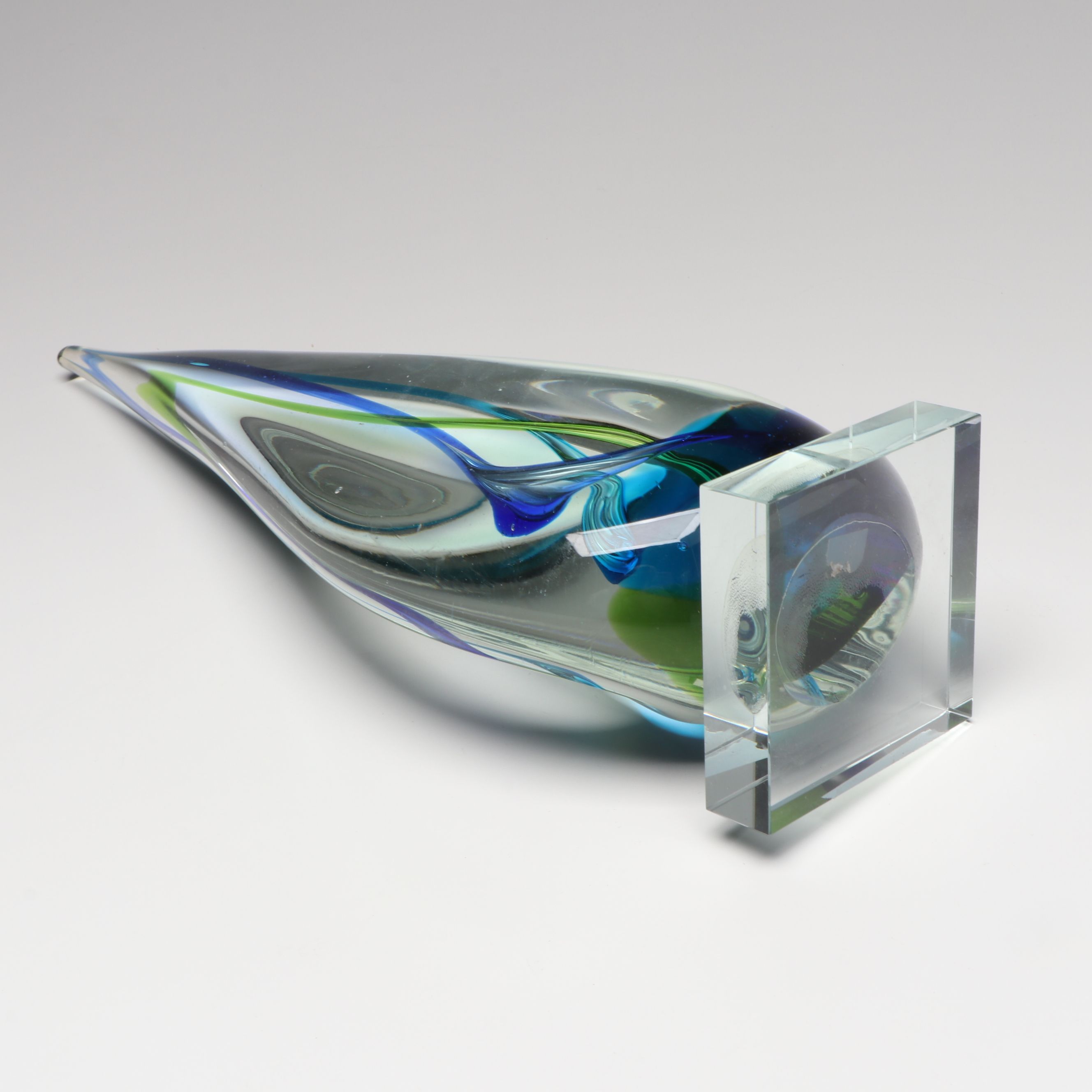 Pair of Handblown Studio Glass Blue and Green Spiral Teardrop Figures