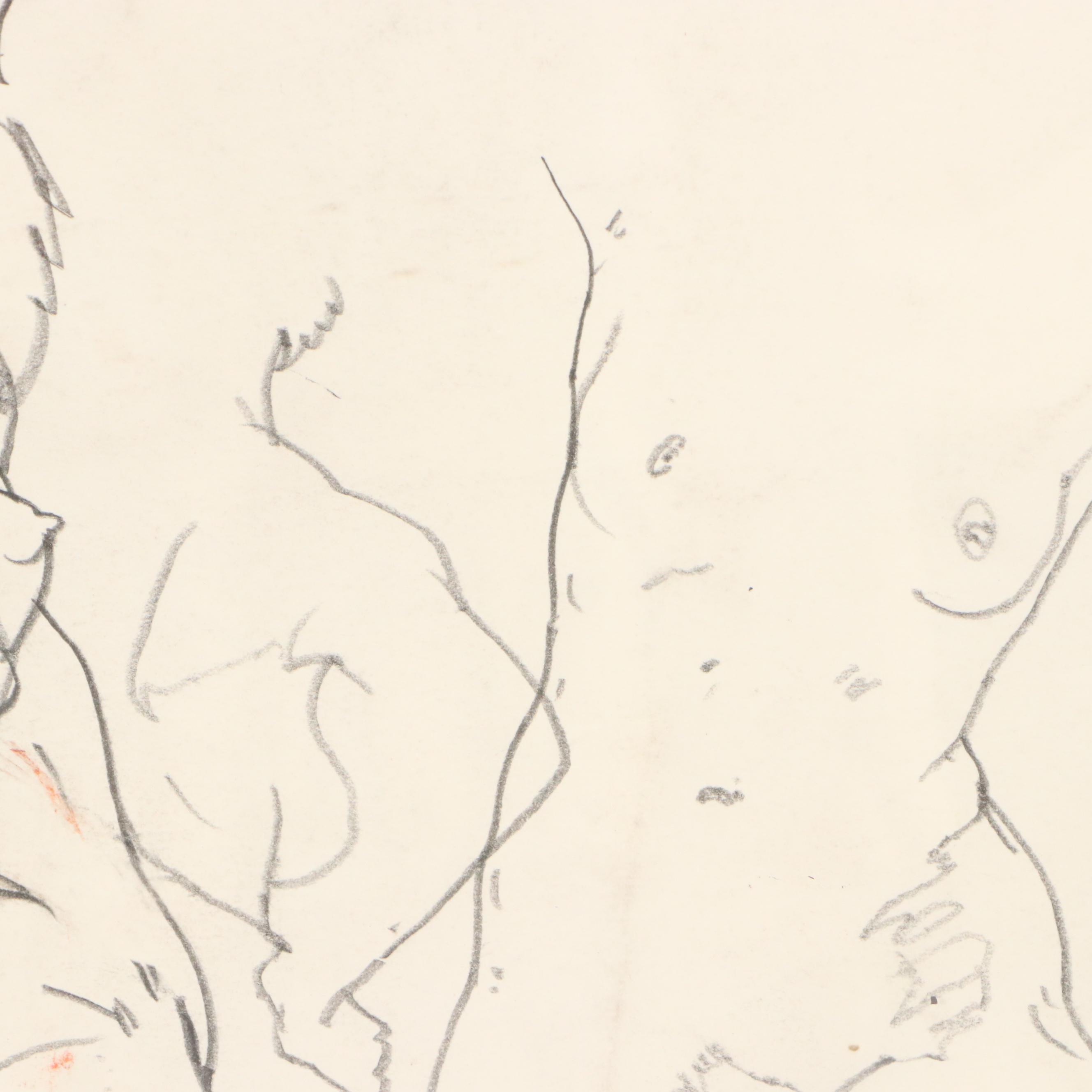 Paul Wagener Mixed Media Drawing of Nude Figure Studies, Late 20th Century