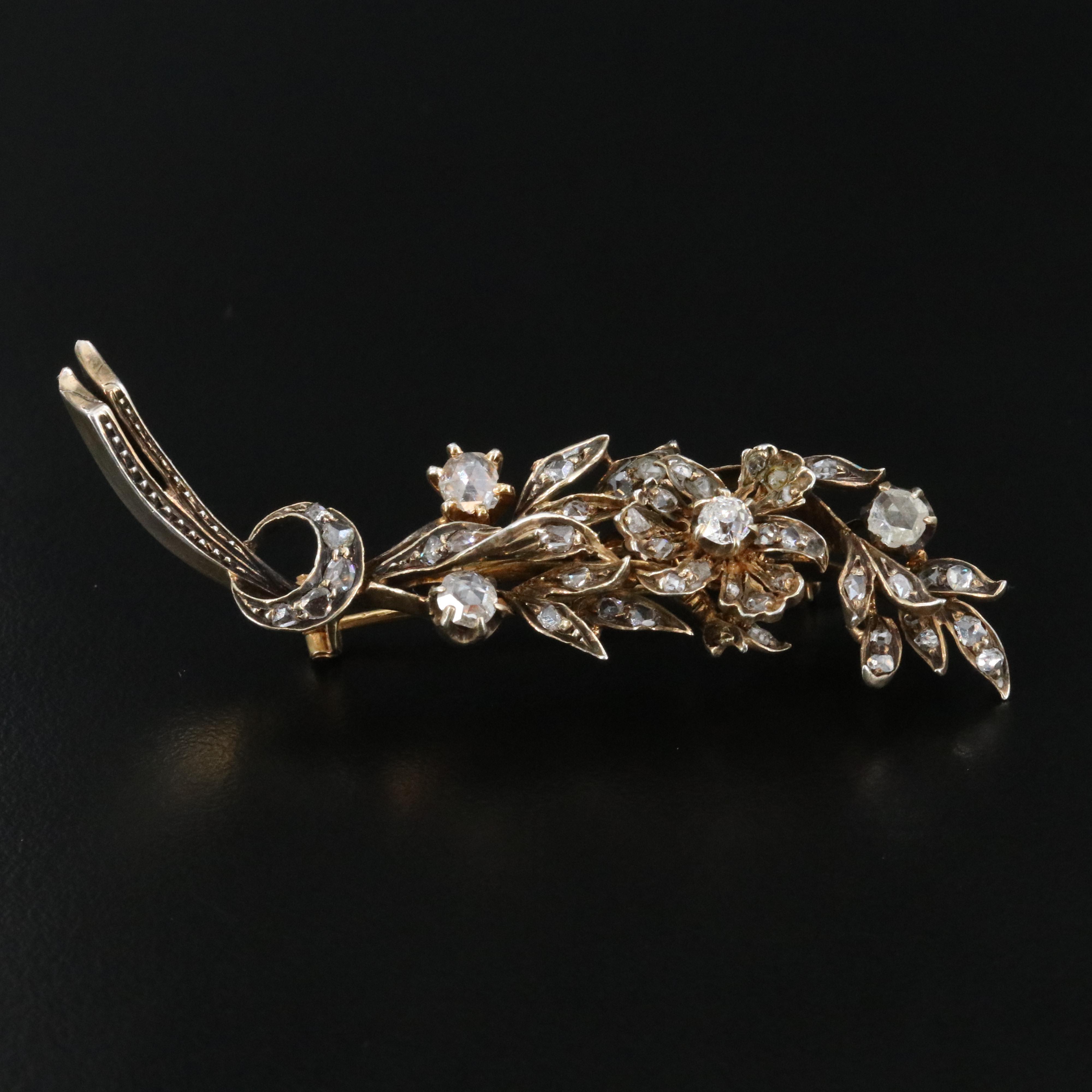 Antique 14K 0.72 CTW Diamond Floral Spray Brooch with Sterling Top Trim