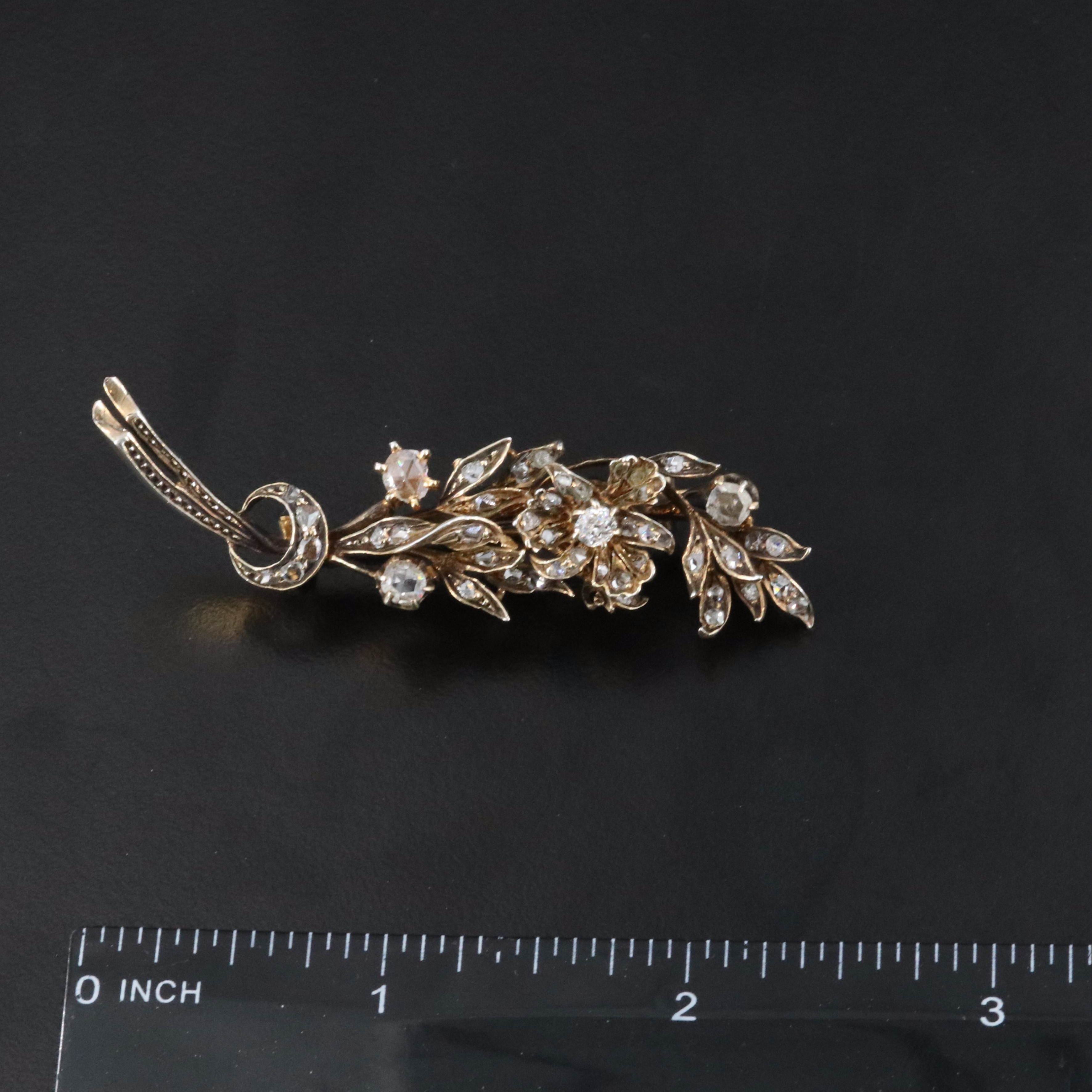 Antique 14K 0.72 CTW Diamond Floral Spray Brooch with Sterling Top Trim