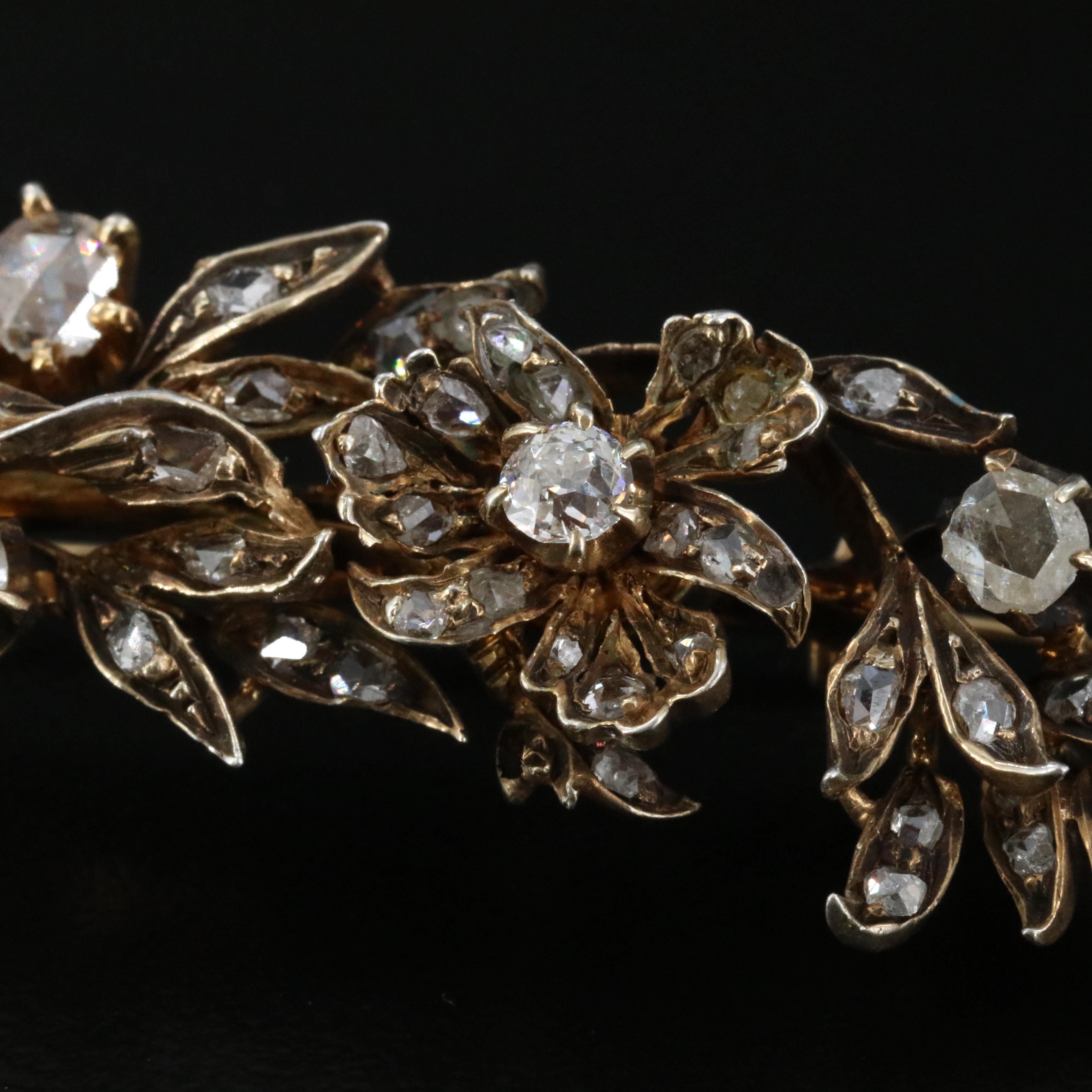 Antique 14K 0.72 CTW Diamond Floral Spray Brooch with Sterling Top Trim