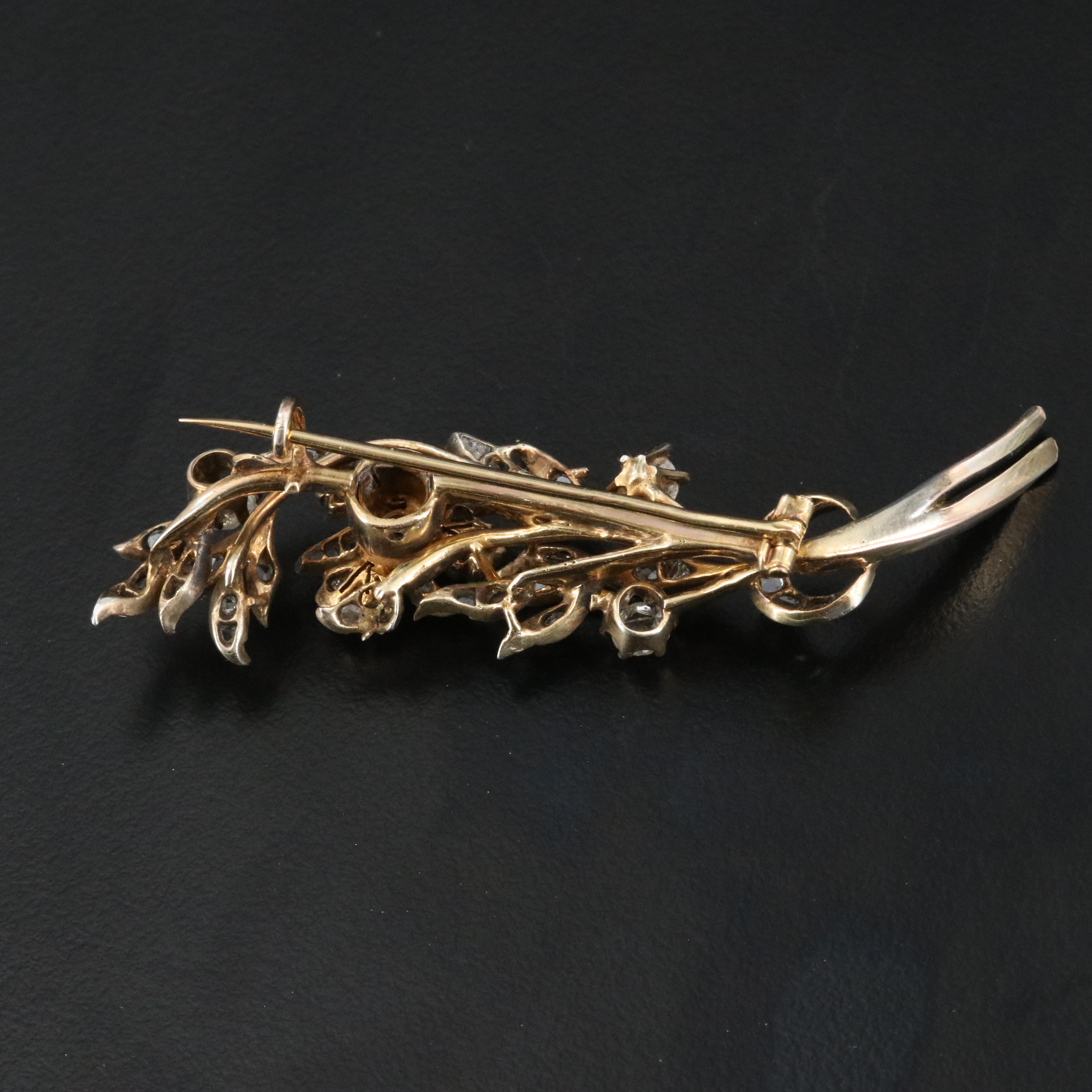 Antique 14K 0.72 CTW Diamond Floral Spray Brooch with Sterling Top Trim