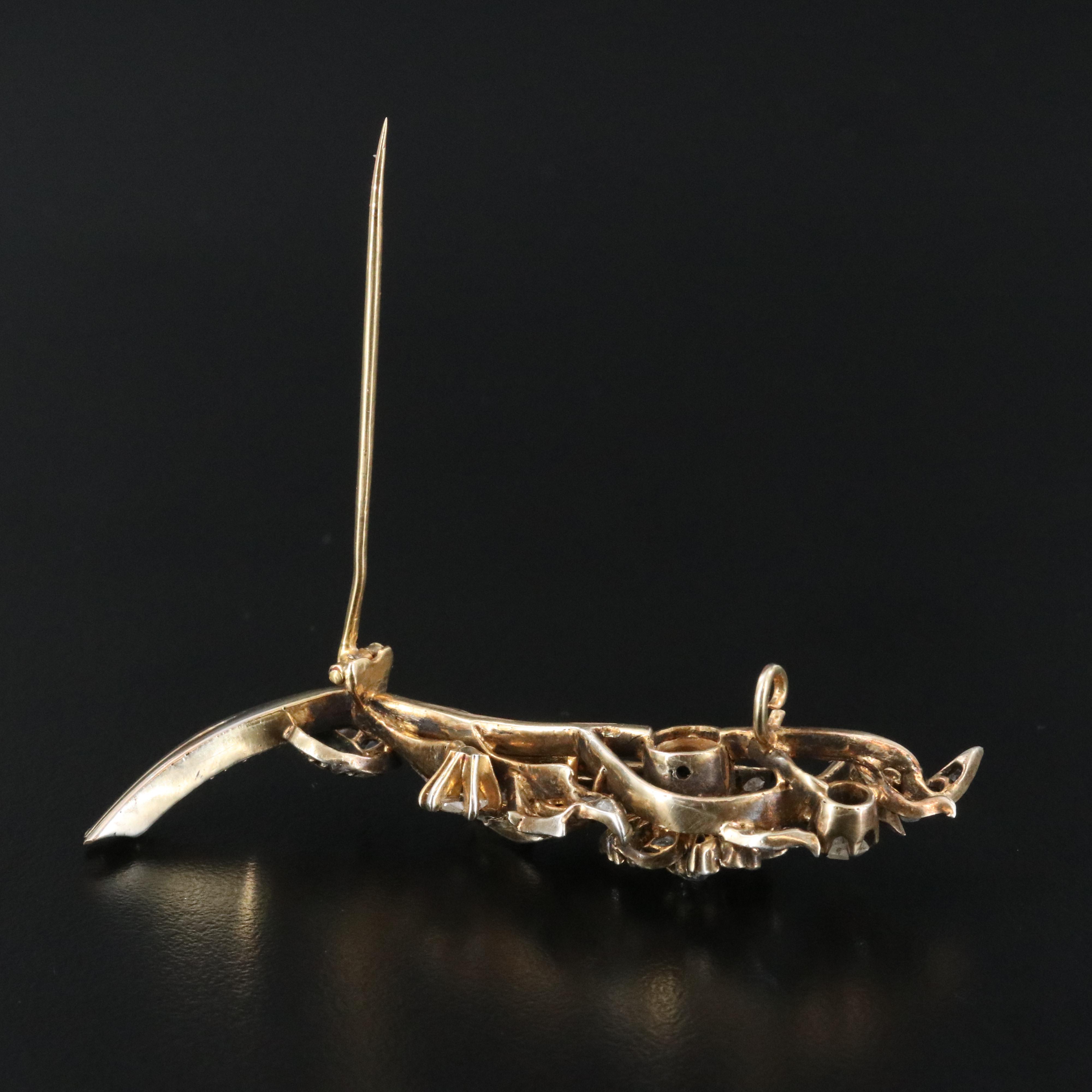 Antique 14K 0.72 CTW Diamond Floral Spray Brooch with Sterling Top Trim